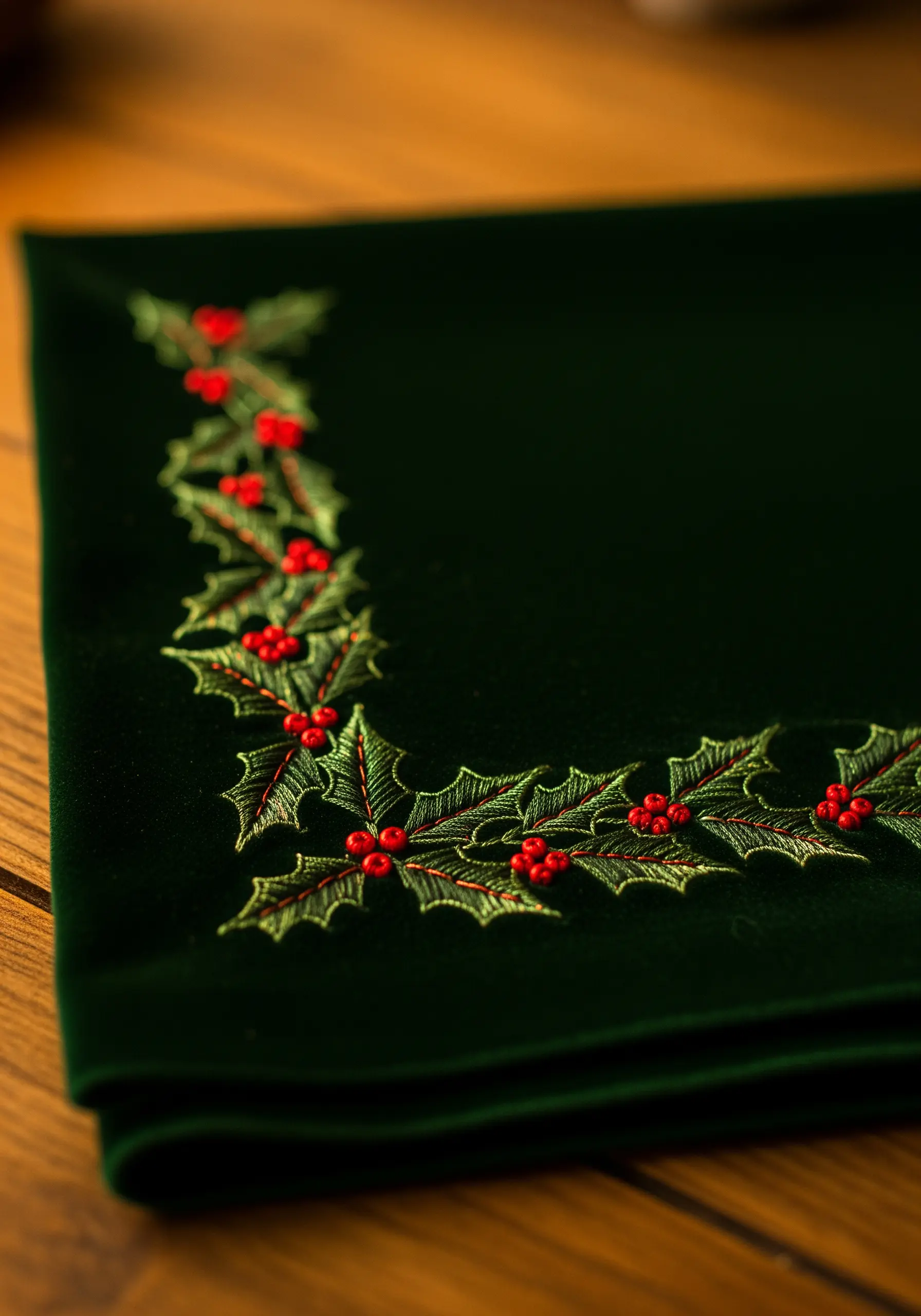 Holly leaves and red berries embroidered on a deep green velvet napkin.