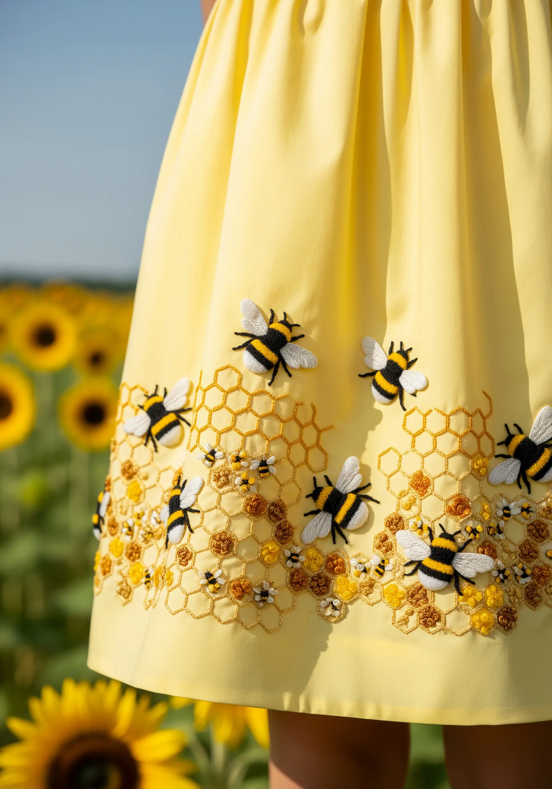 Yellow dress with embroidered honeycomb pattern and fuzzy bees