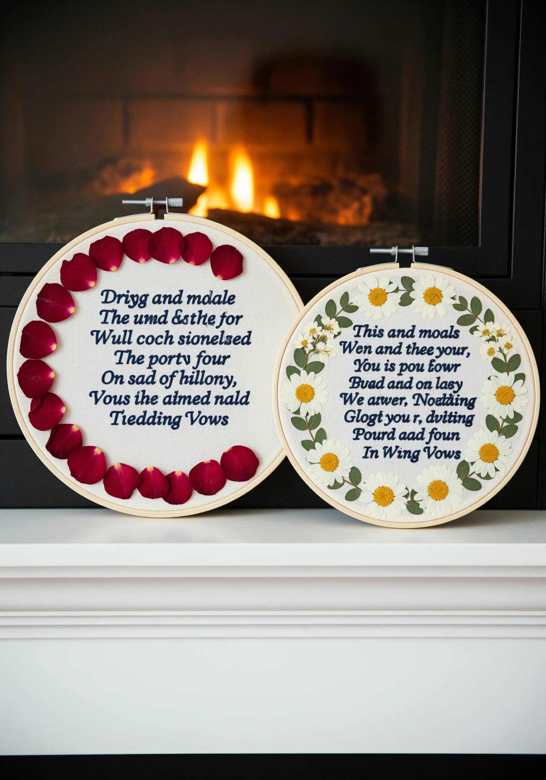 Two embroidery hoops with wedding vows, one framed with rose petals, the other with daisies.