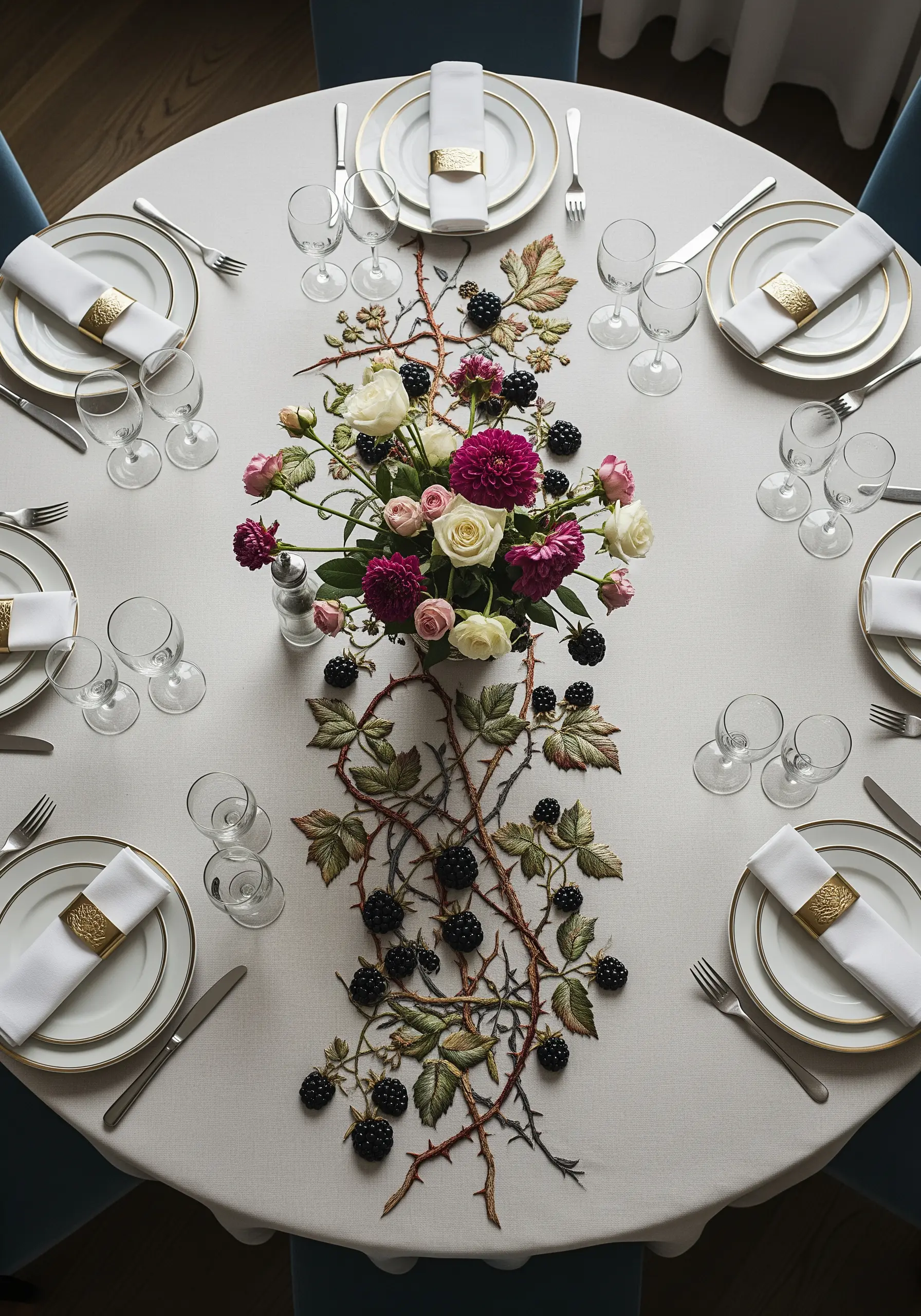 A white tablecloth with a hyper-realistic embroidered table runner of a blackberry vine with flowers.