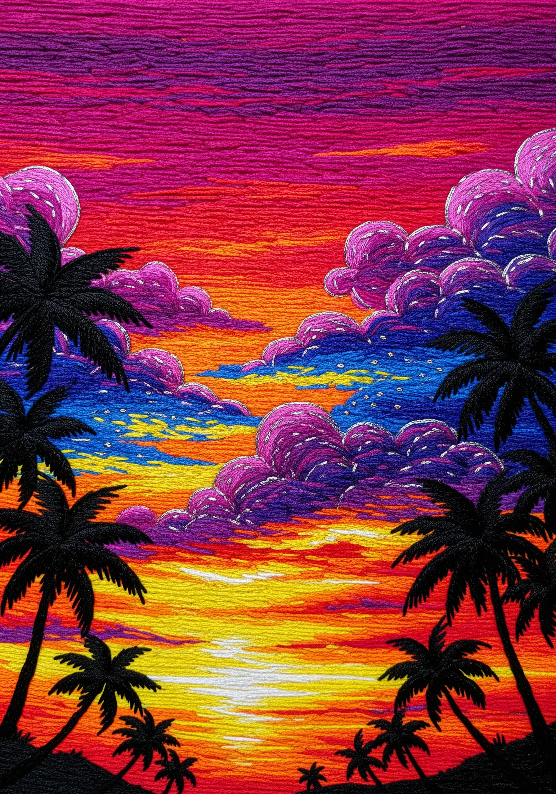 Neon sunset embroidery with palm tree silhouettes
