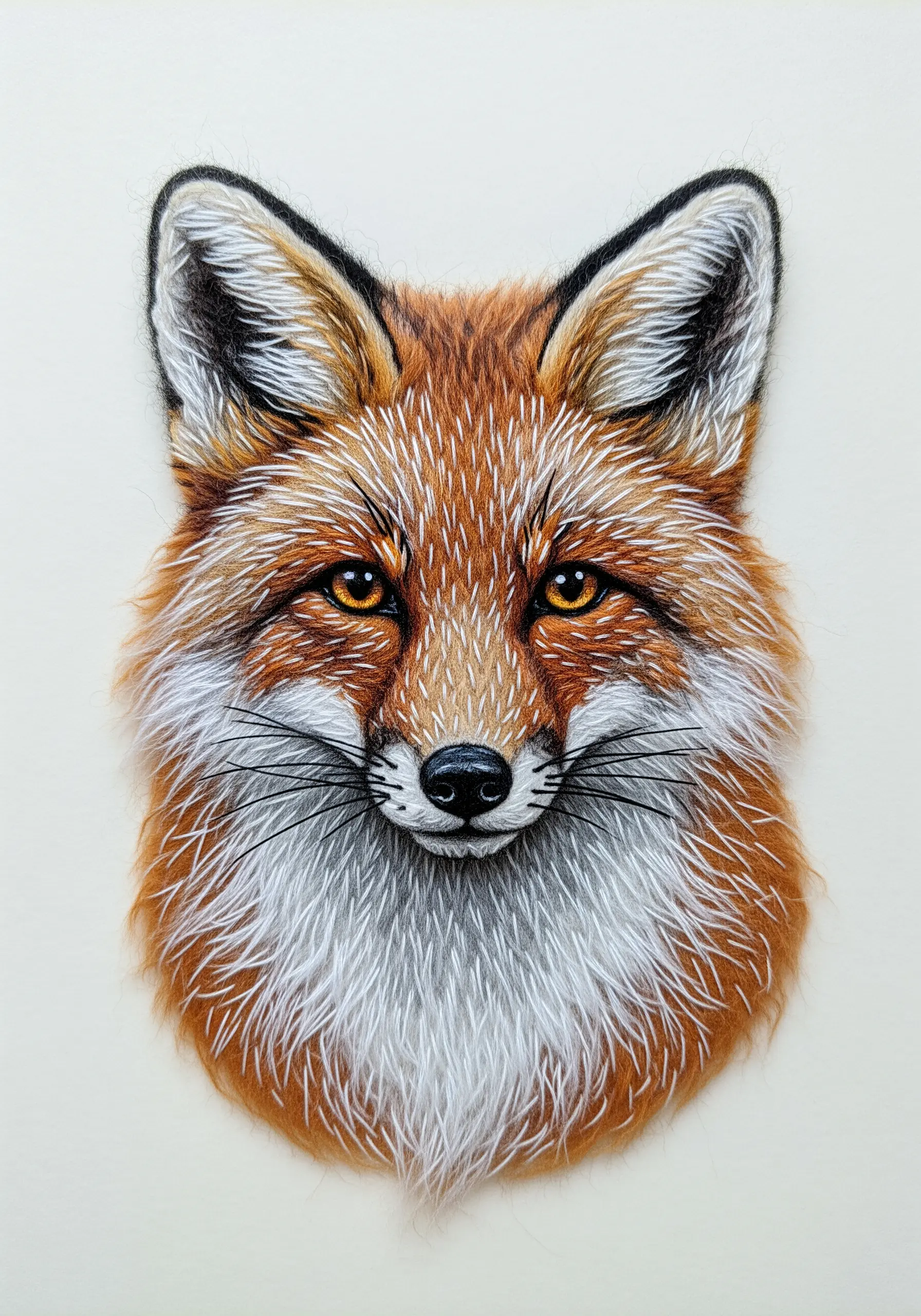 Realistic fox portrait combining needle felting for fur and embroidery for details.