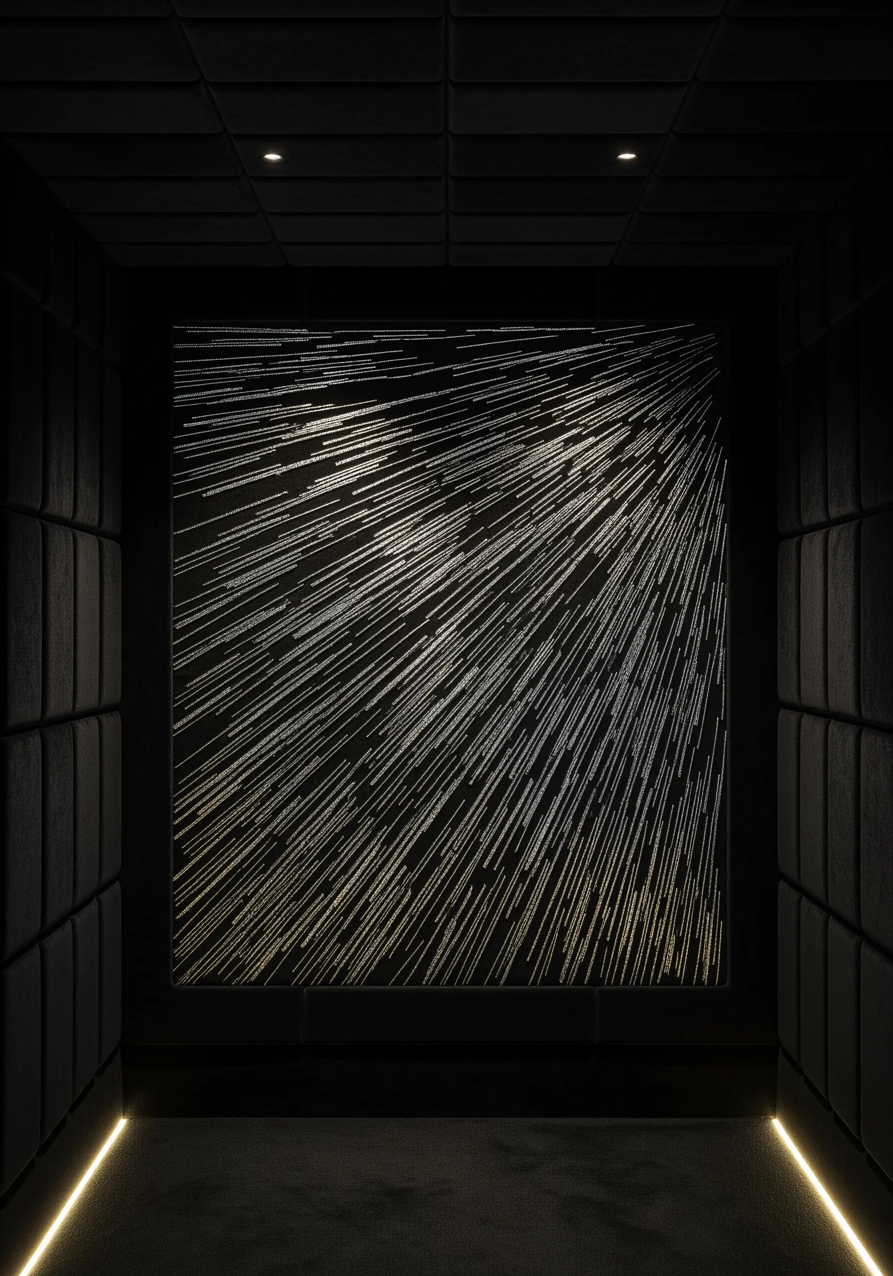An abstract piece of radiating straight stitches in metallic thread, creating a light burst effect.
