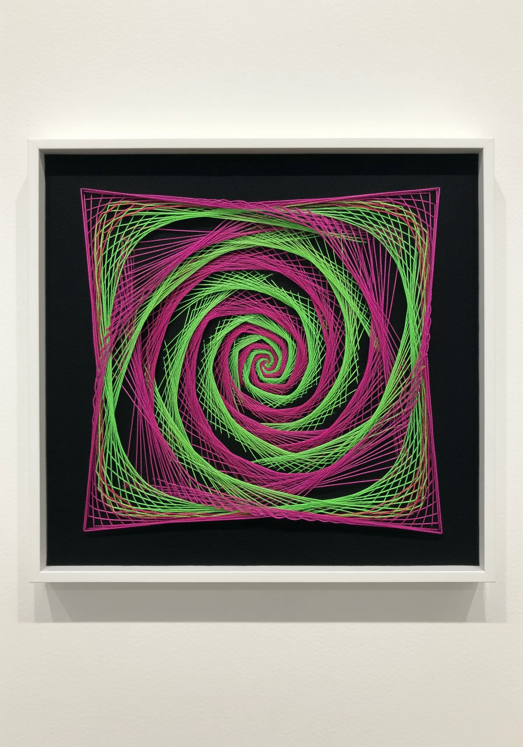 A square-framed neon green and pink spiral creating a hypnotic vortex illusion.