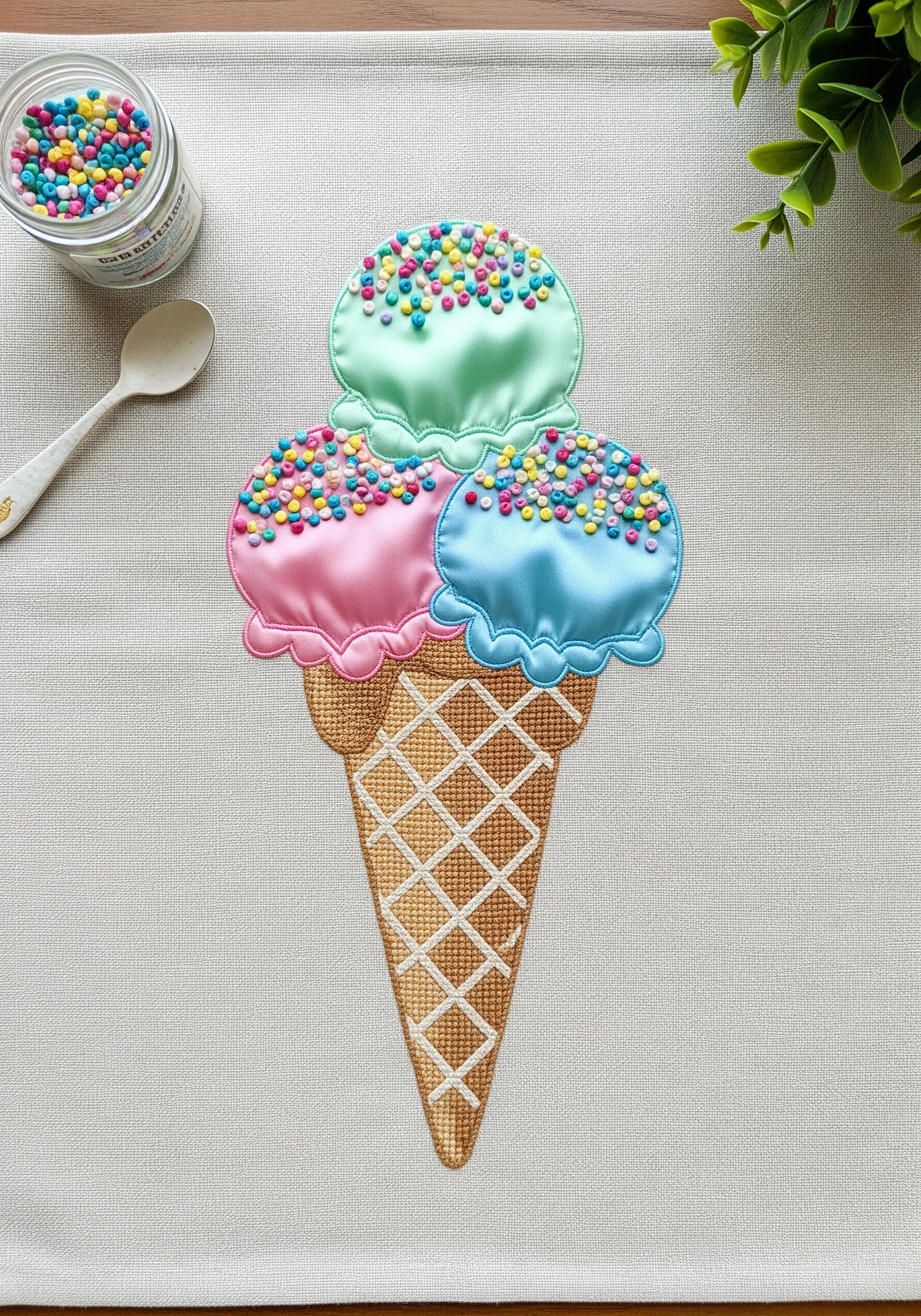 Appliqué ice cream cone with embroidered details and colorful beads for sprinkles.