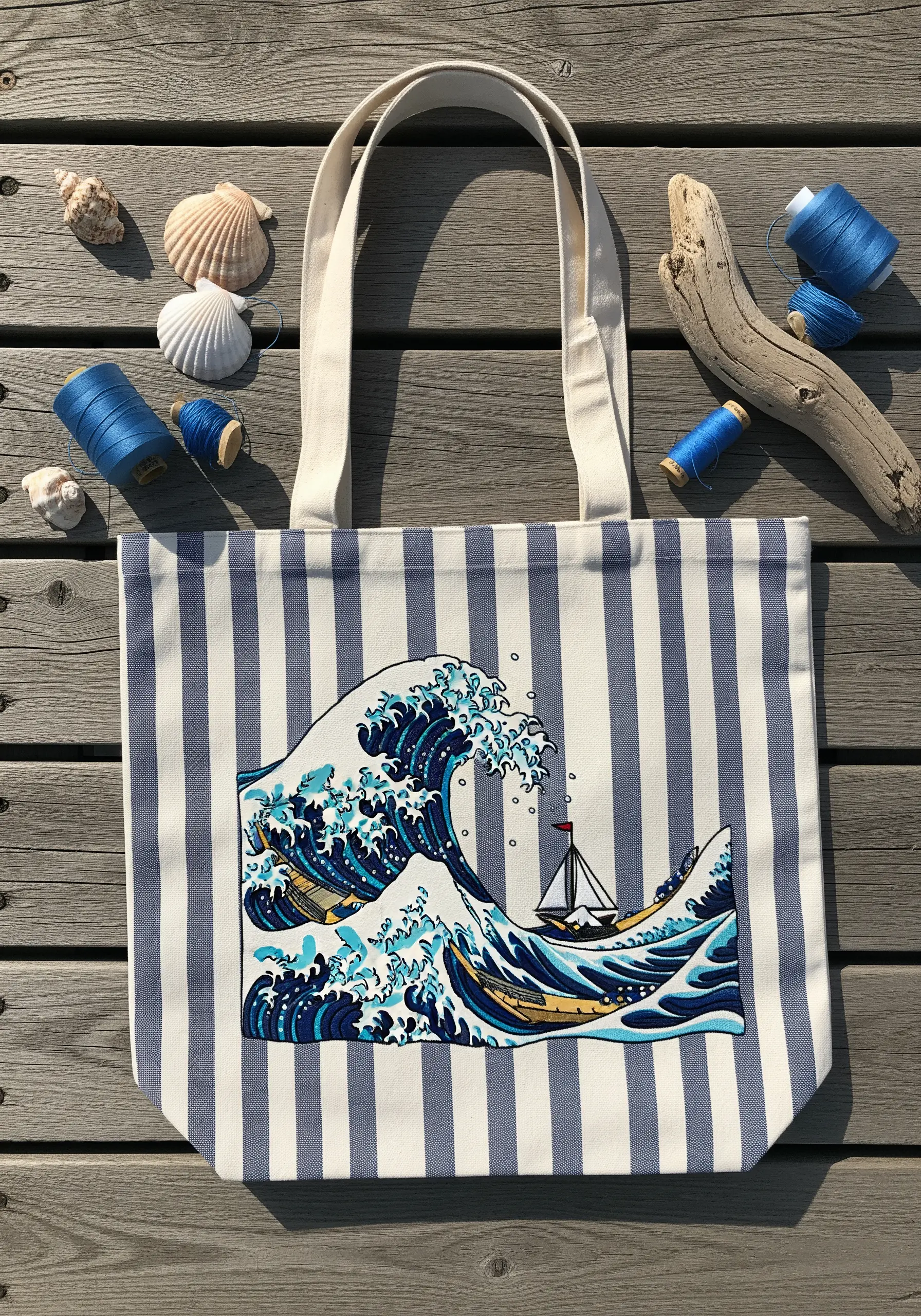 Embroidery of 'The Great Wave' by Hokusai on a blue and white striped tote bag.