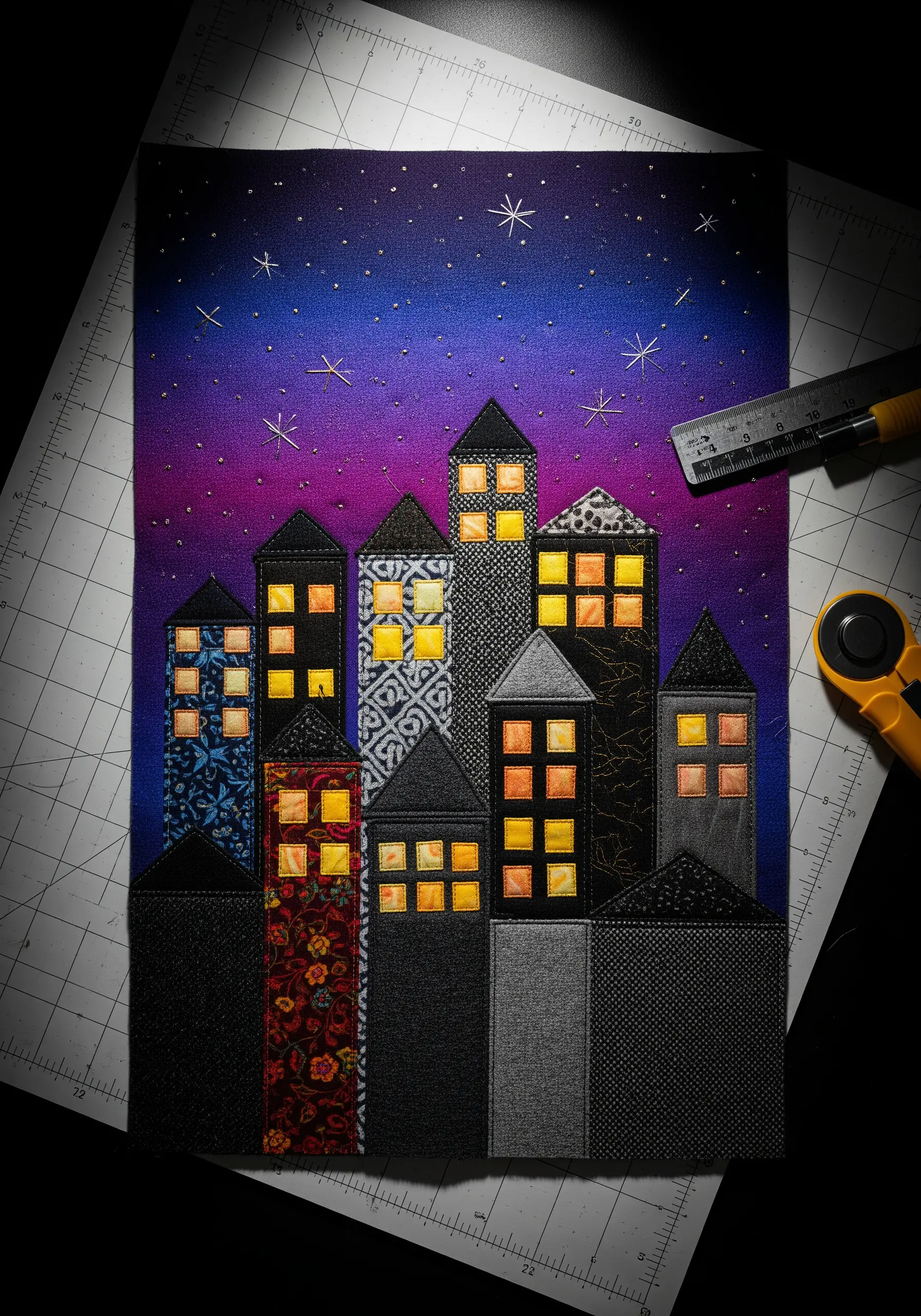 A fabric collage of a city skyline at night with patterned fabrics and glowing yellow windows.