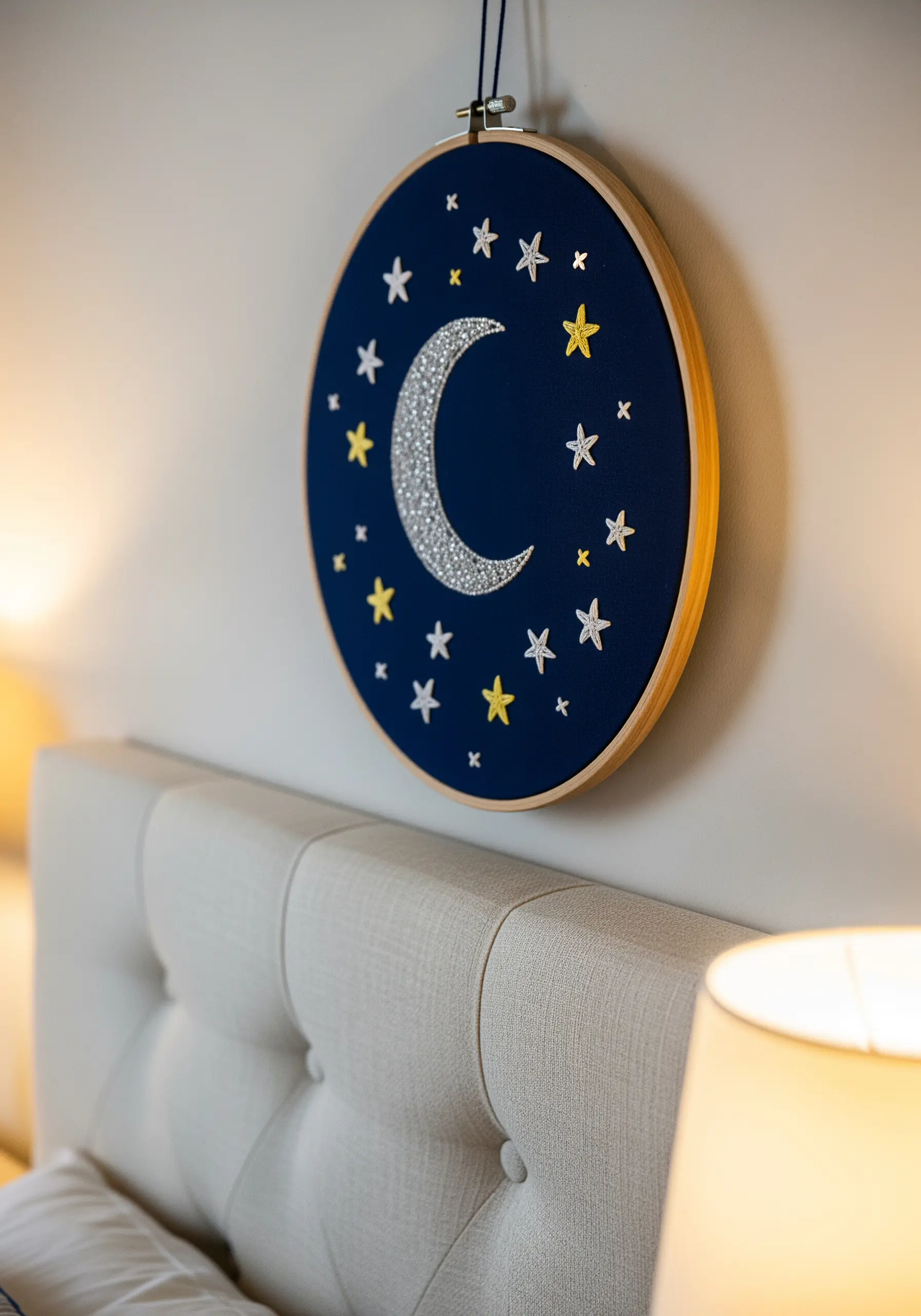 Embroidery of a glittering silver moon and stars on dark navy fabric.