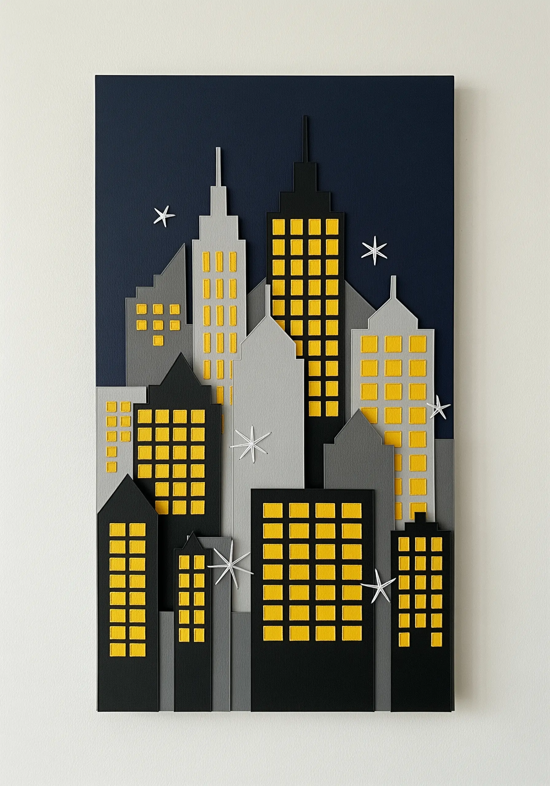 A layered paper art cityscape at night with glowing yellow windows and white stitched stars in the sky.