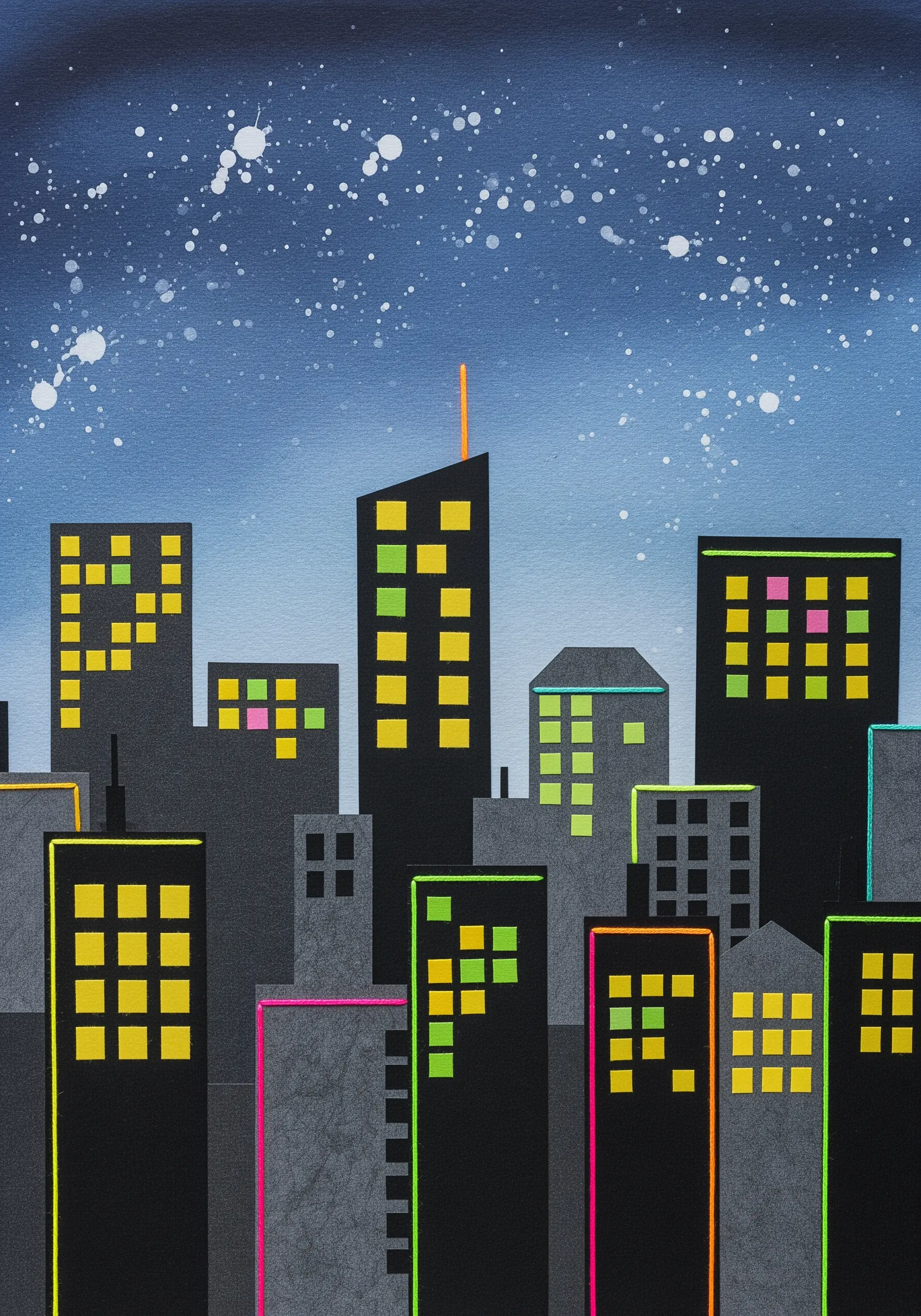 Paper collage of a city skyline outlined with bright pink, green, and orange neon thread.