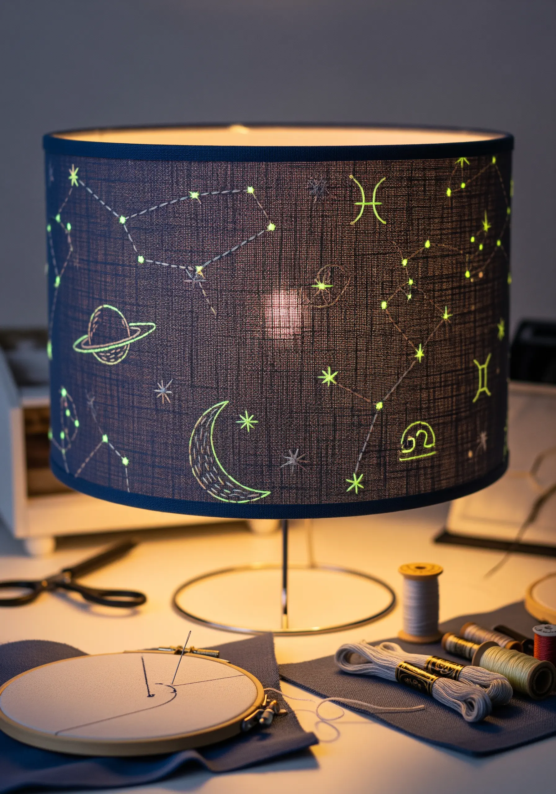 A dark blue lampshade embroidered with constellations that are glowing in the dark.