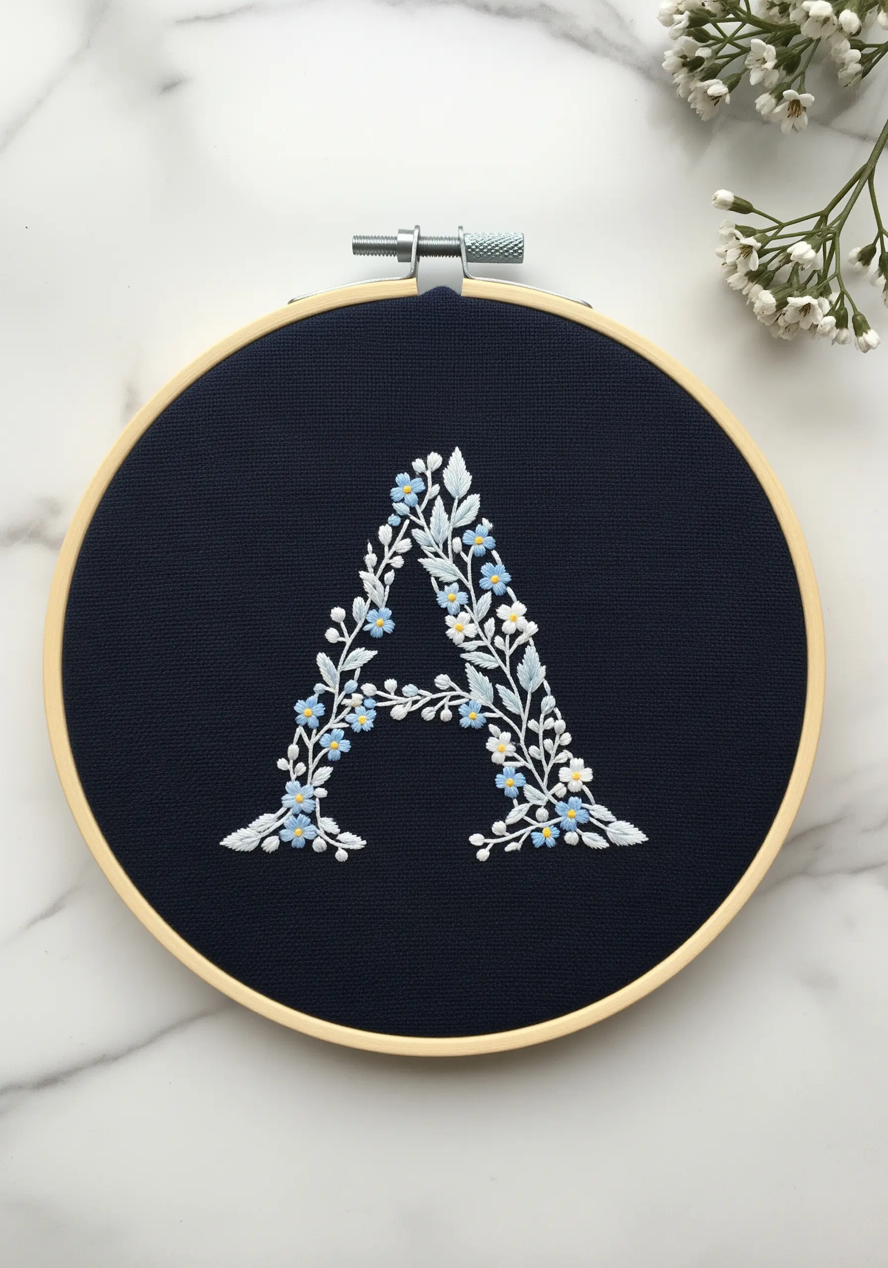 A floral monogram 'A' embroidered with delicate white and blue flowers on dark navy fabric.