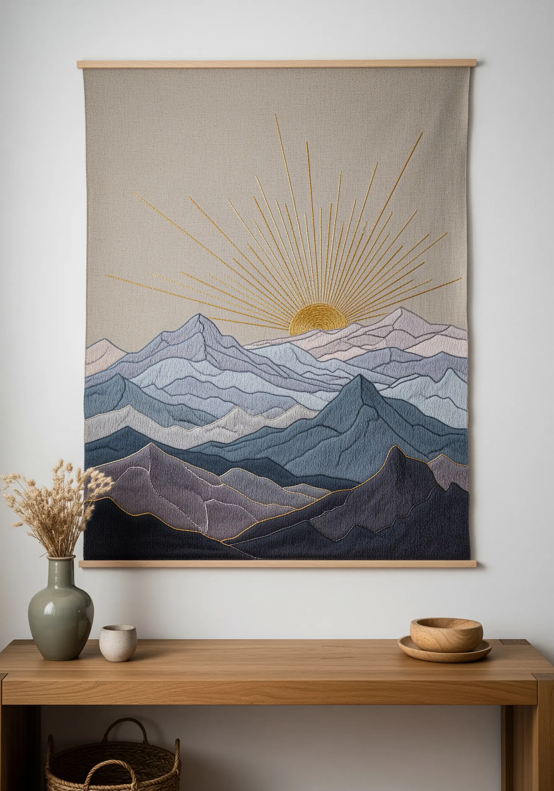 Embroidered wall hanging of a mountain range with a golden sunburst.