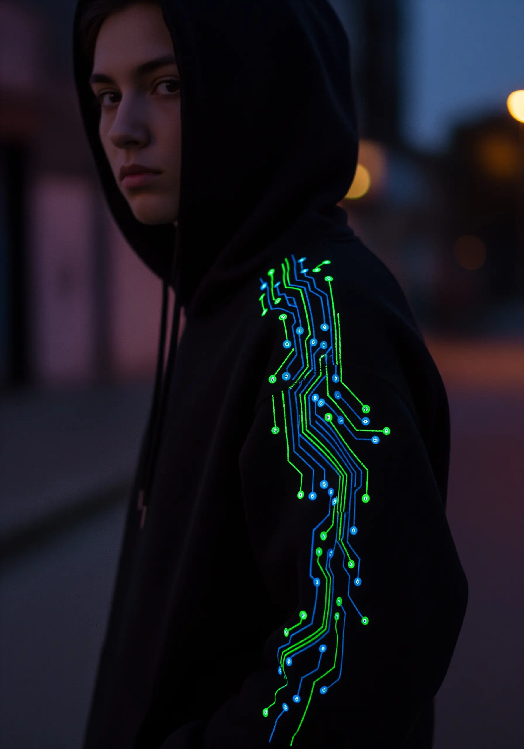 A neon green and blue circuit board pattern embroidered down the sleeve of a black hoodie.