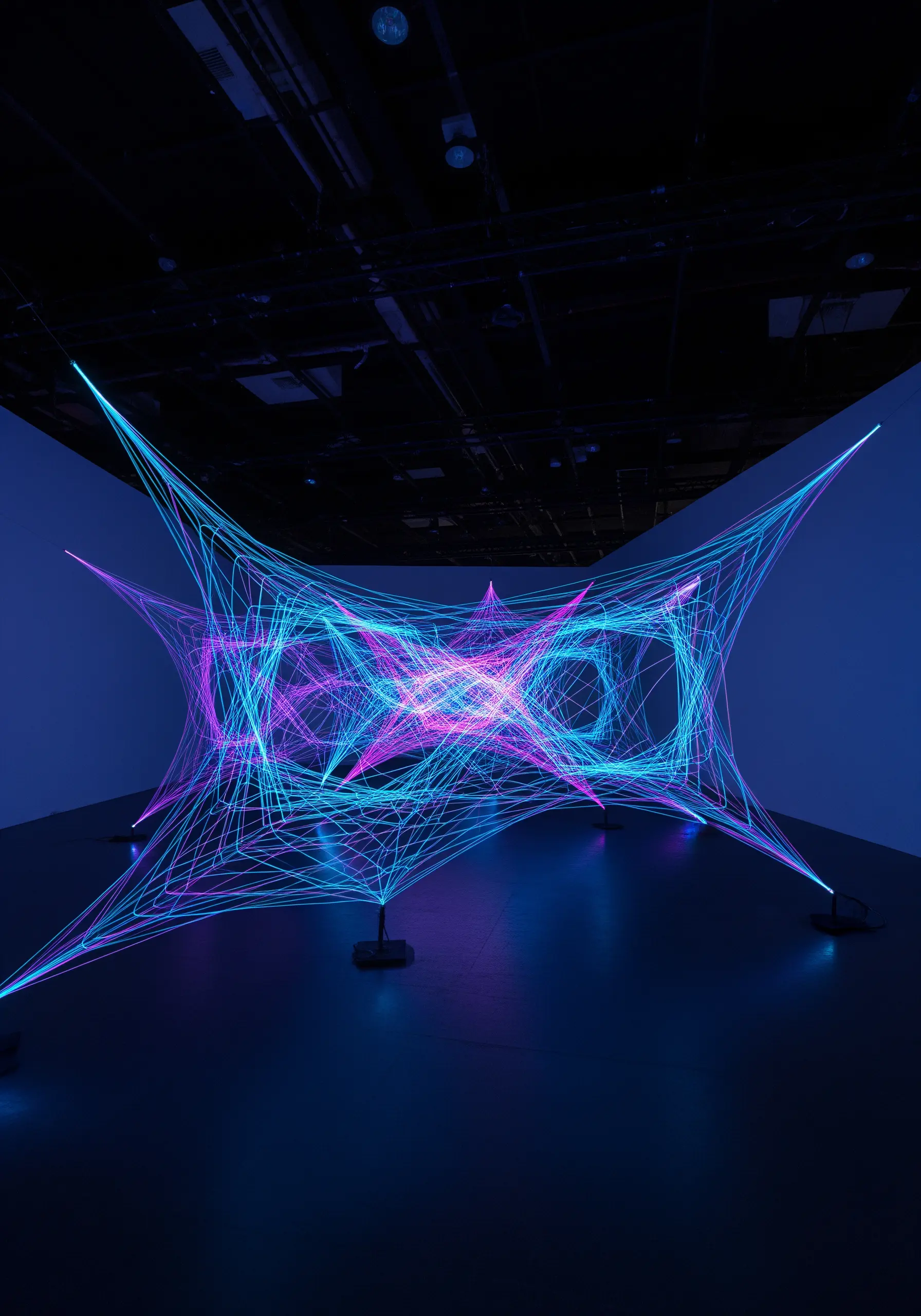 Geometric shapes stitched in bright neon thread on a black background.