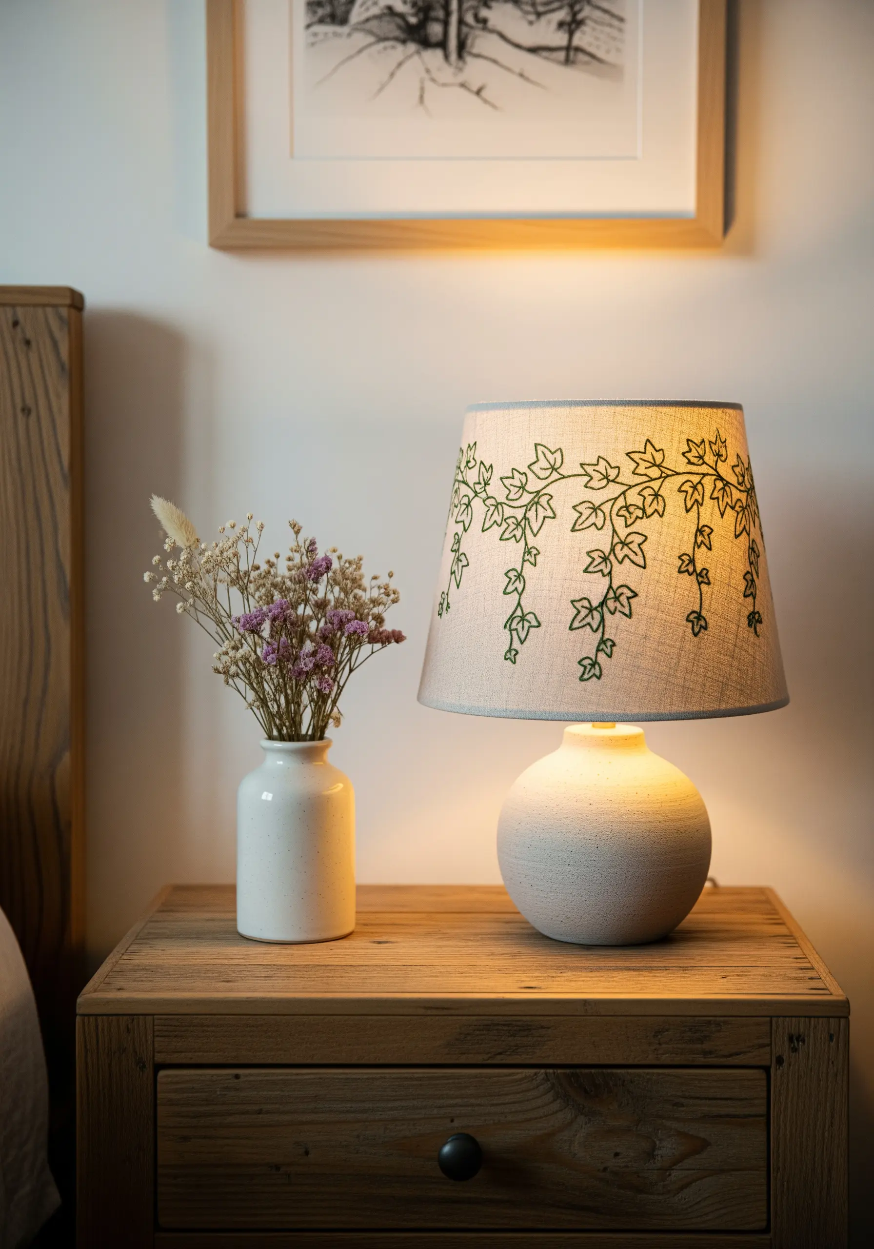 A neutral linen lampshade embroidered with a simple green ivy vine outline.