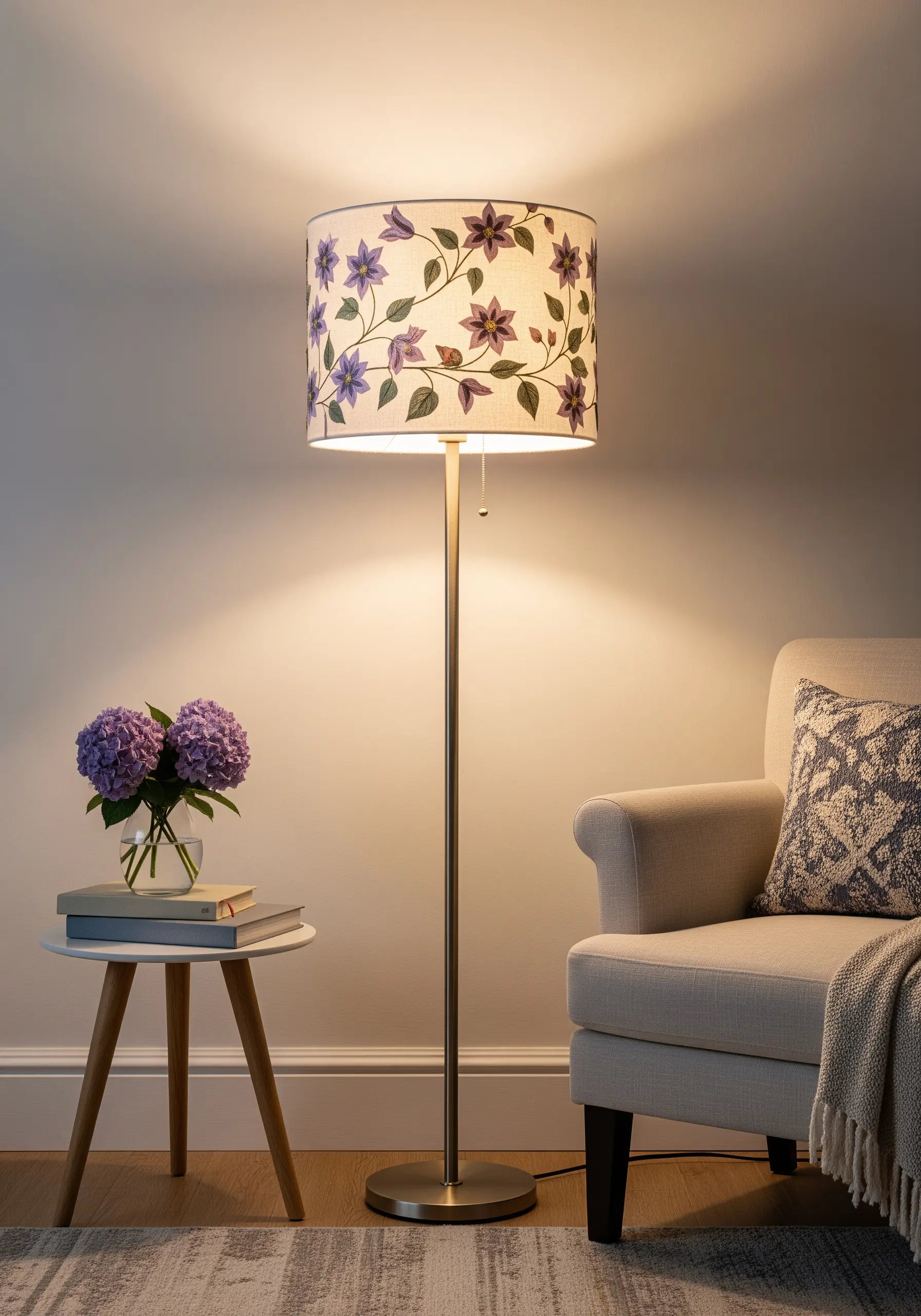 A floor lamp with a drum shade featuring an embroidered purple clematis vine pattern.