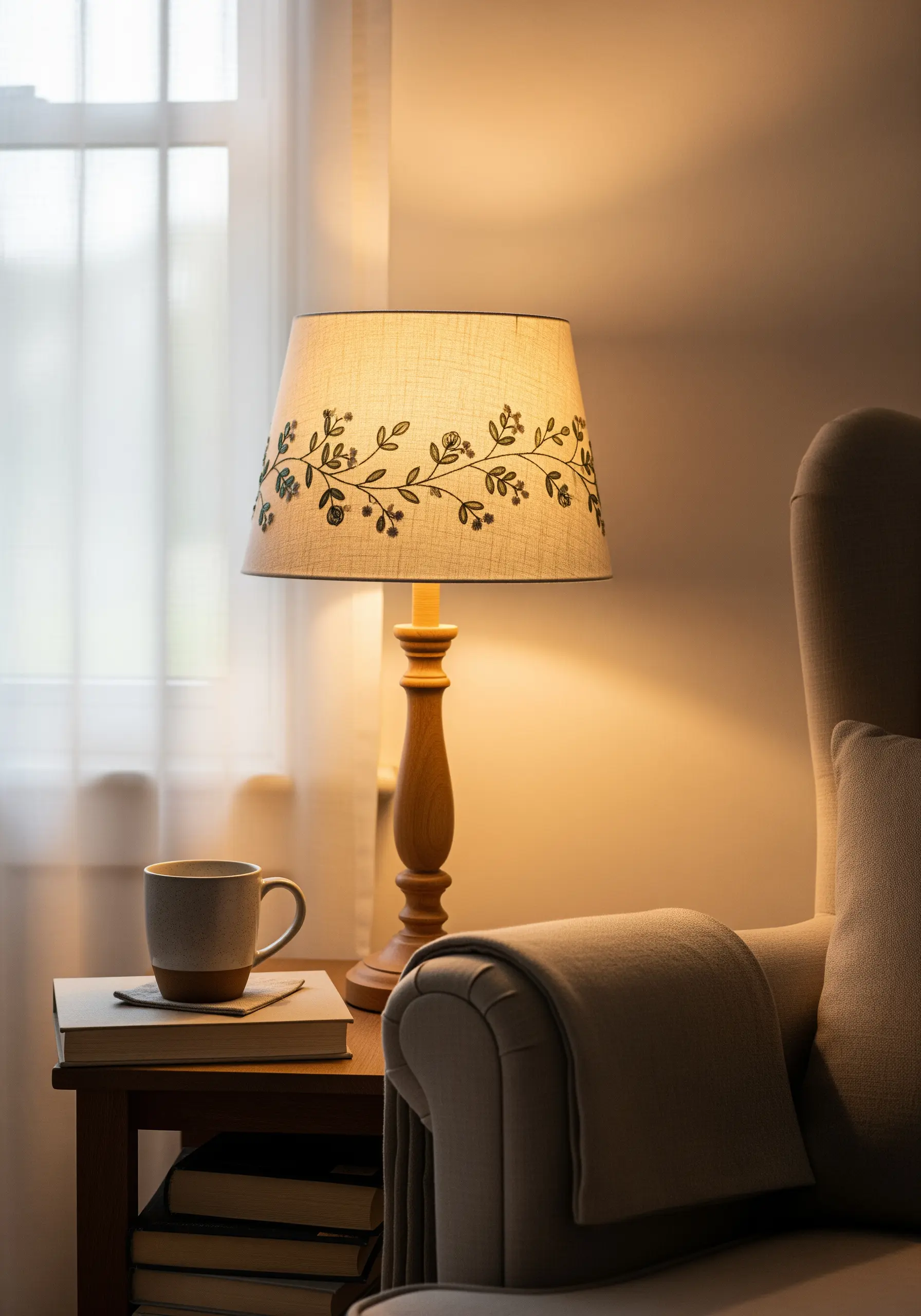 A close-up of a floral vine embroidered in dark thread around a linen lampshade.