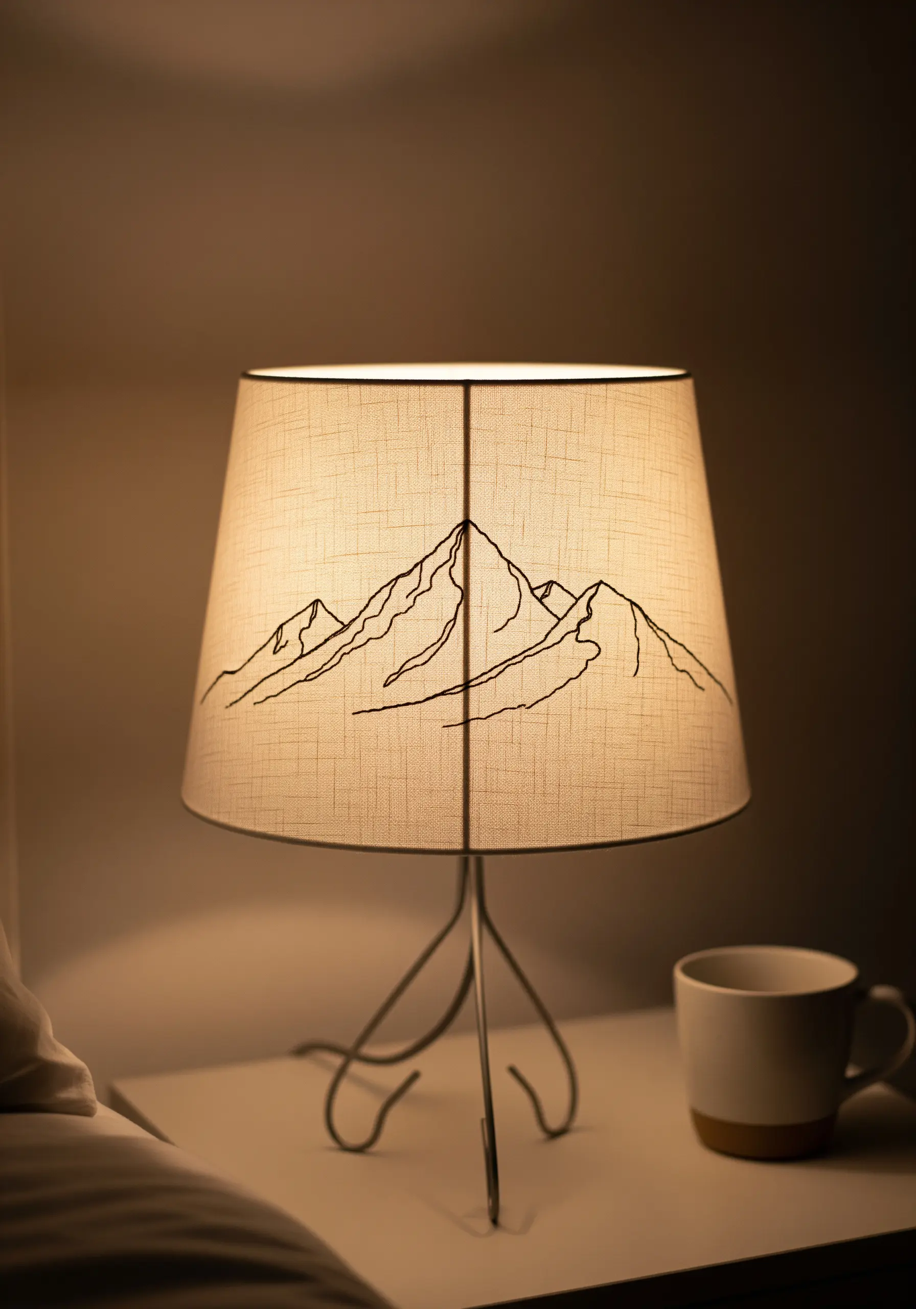 A minimalist mountain range embroidered in black thread on a linen lampshade