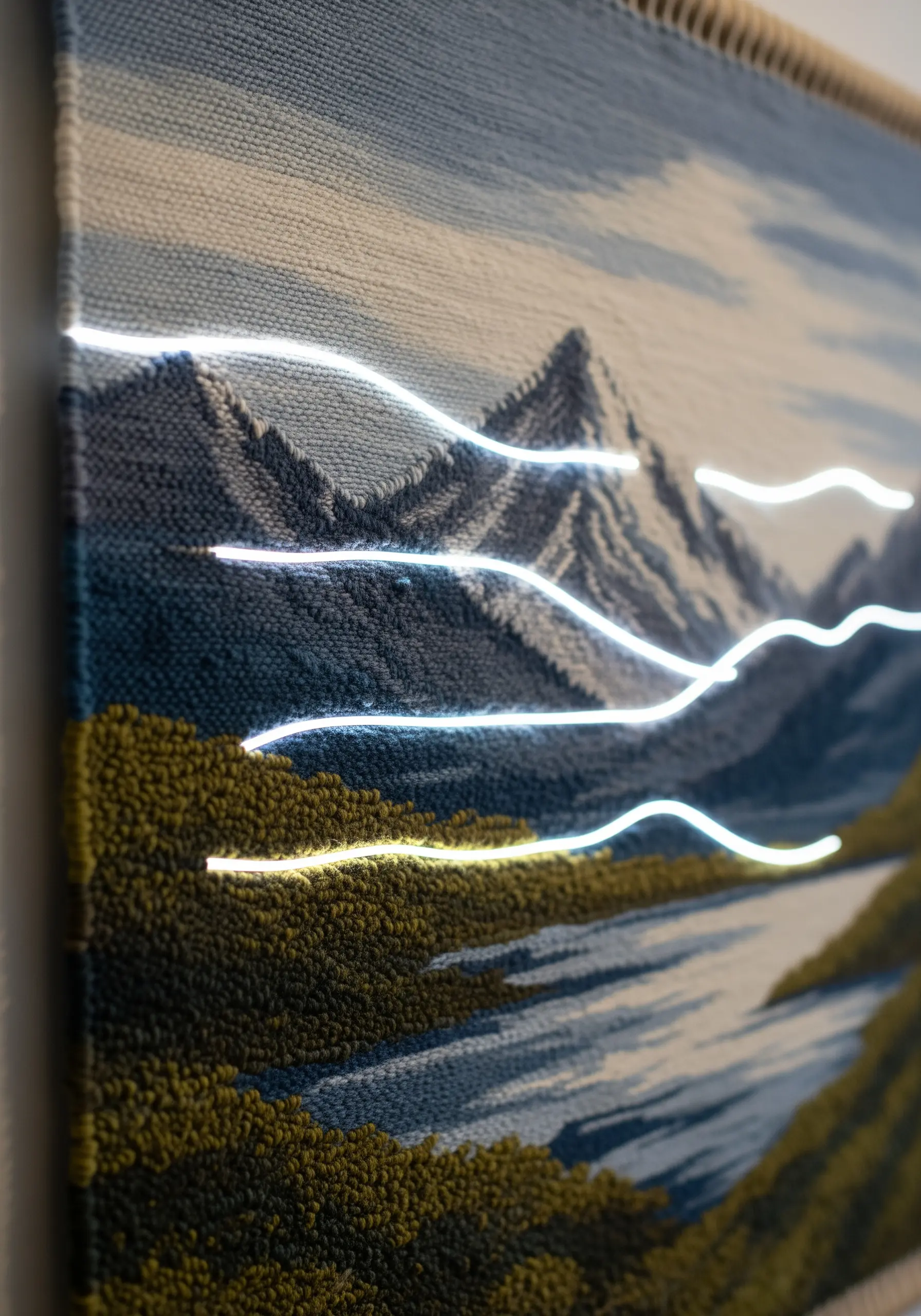 A woven tapestry of a mountain landscape with glowing white and yellow neon wires woven through it.