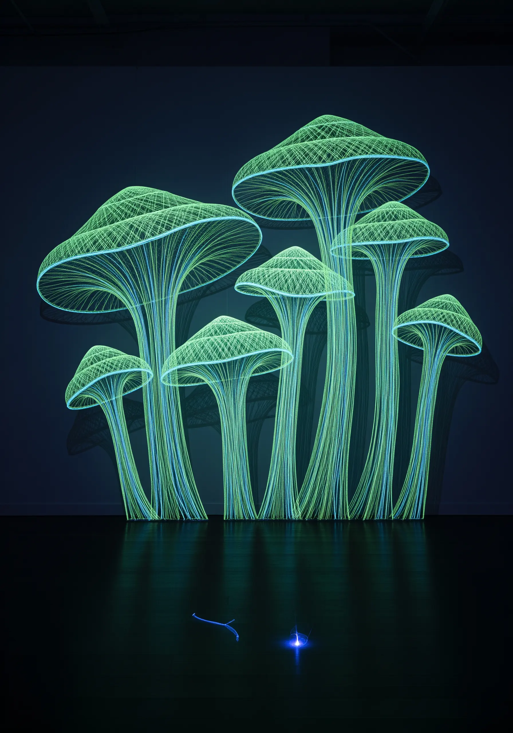 A group of bioluminescent mushrooms created with glowing green and blue thread art.