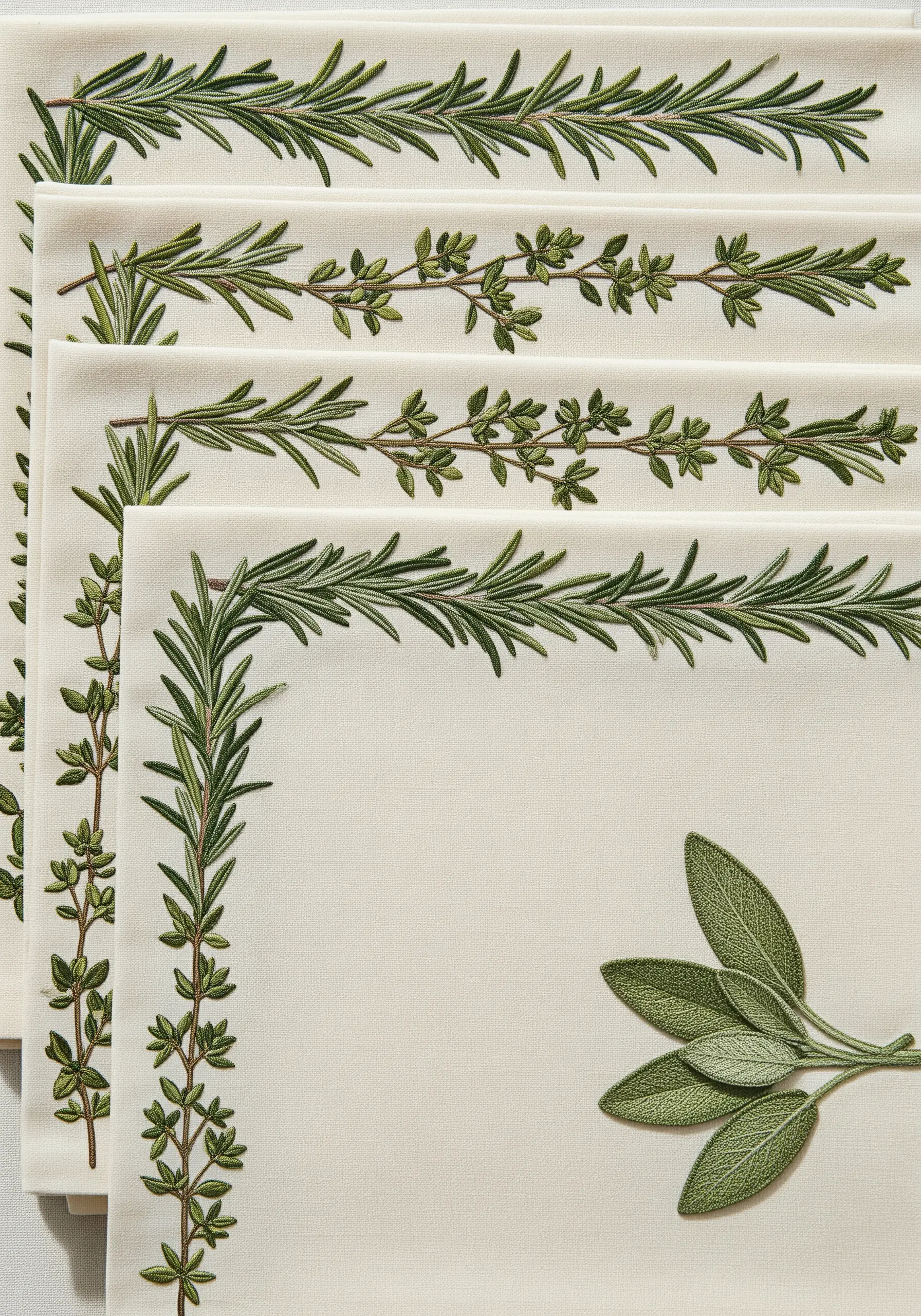 Placemats with detailed borders of embroidered herbs like rosemary, thyme, and sage.