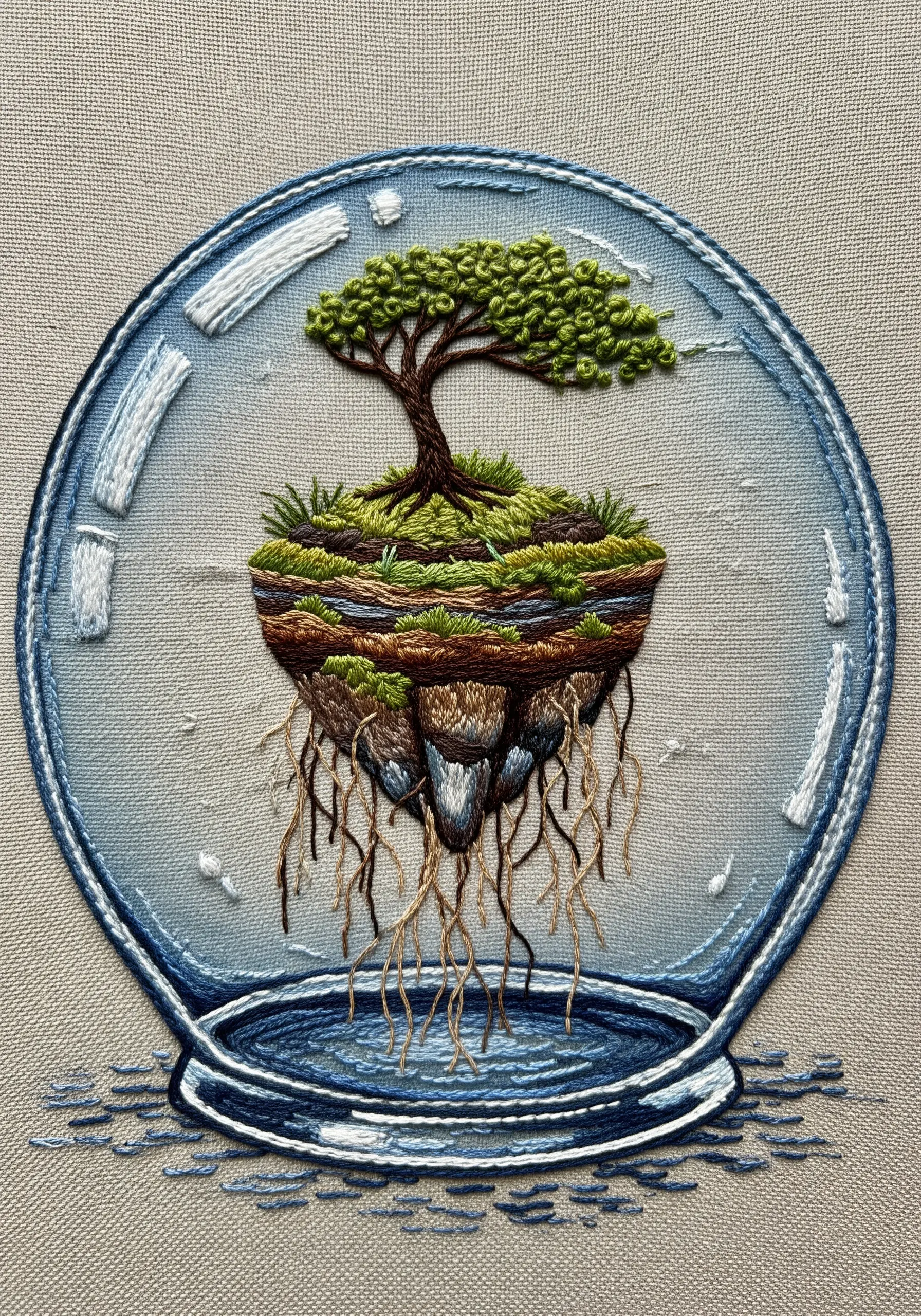 Embroidery of a floating island with a tree and exposed roots inside a glass sphere