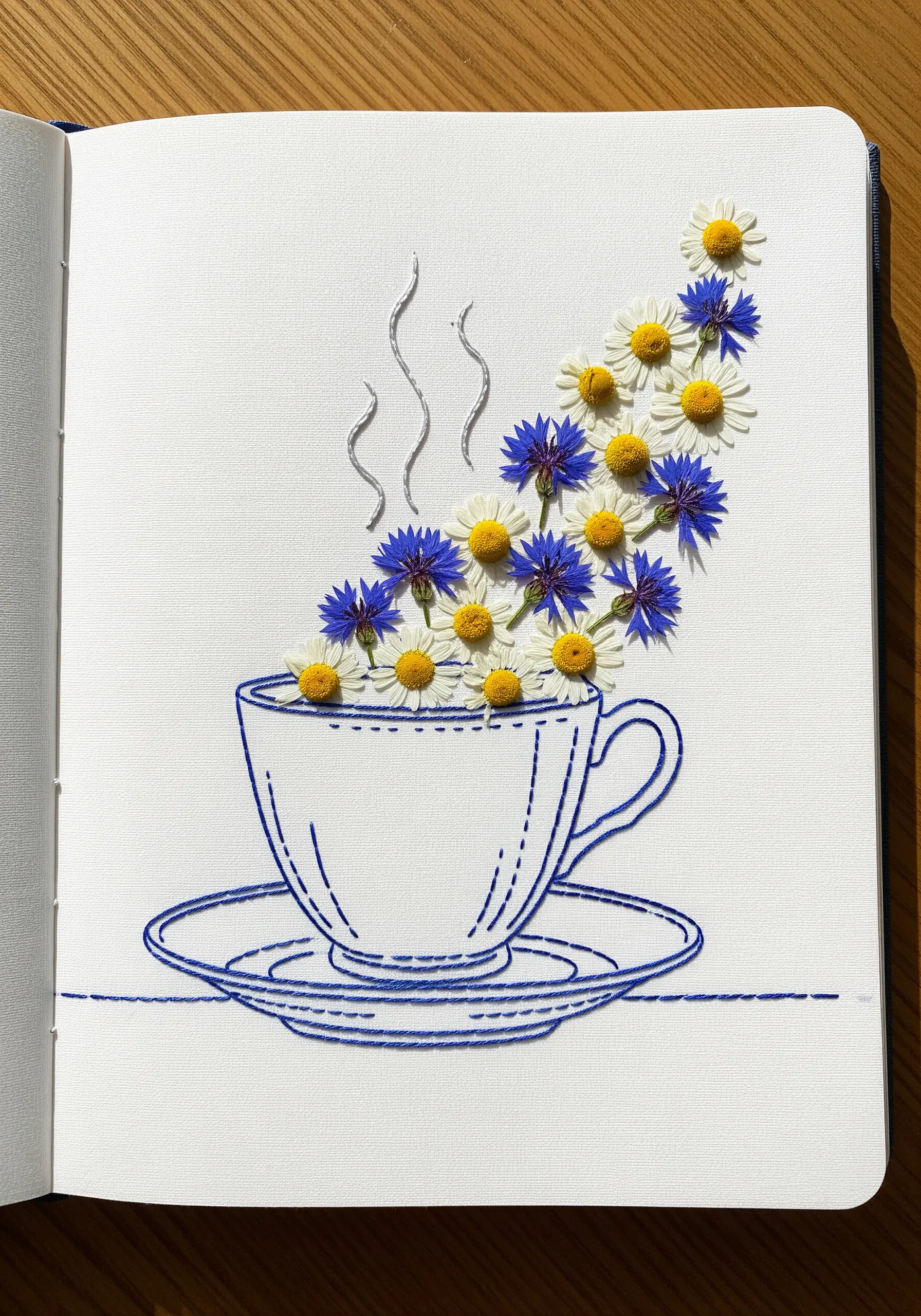 An embroidered teacup outline with real pressed flowers cascading out of the top.