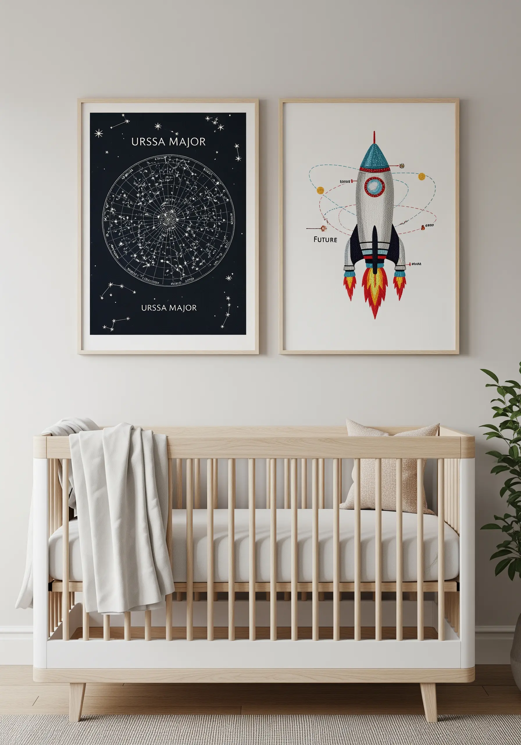Two framed space-themed embroideries—a constellation map and a rocket ship—in a nursery.