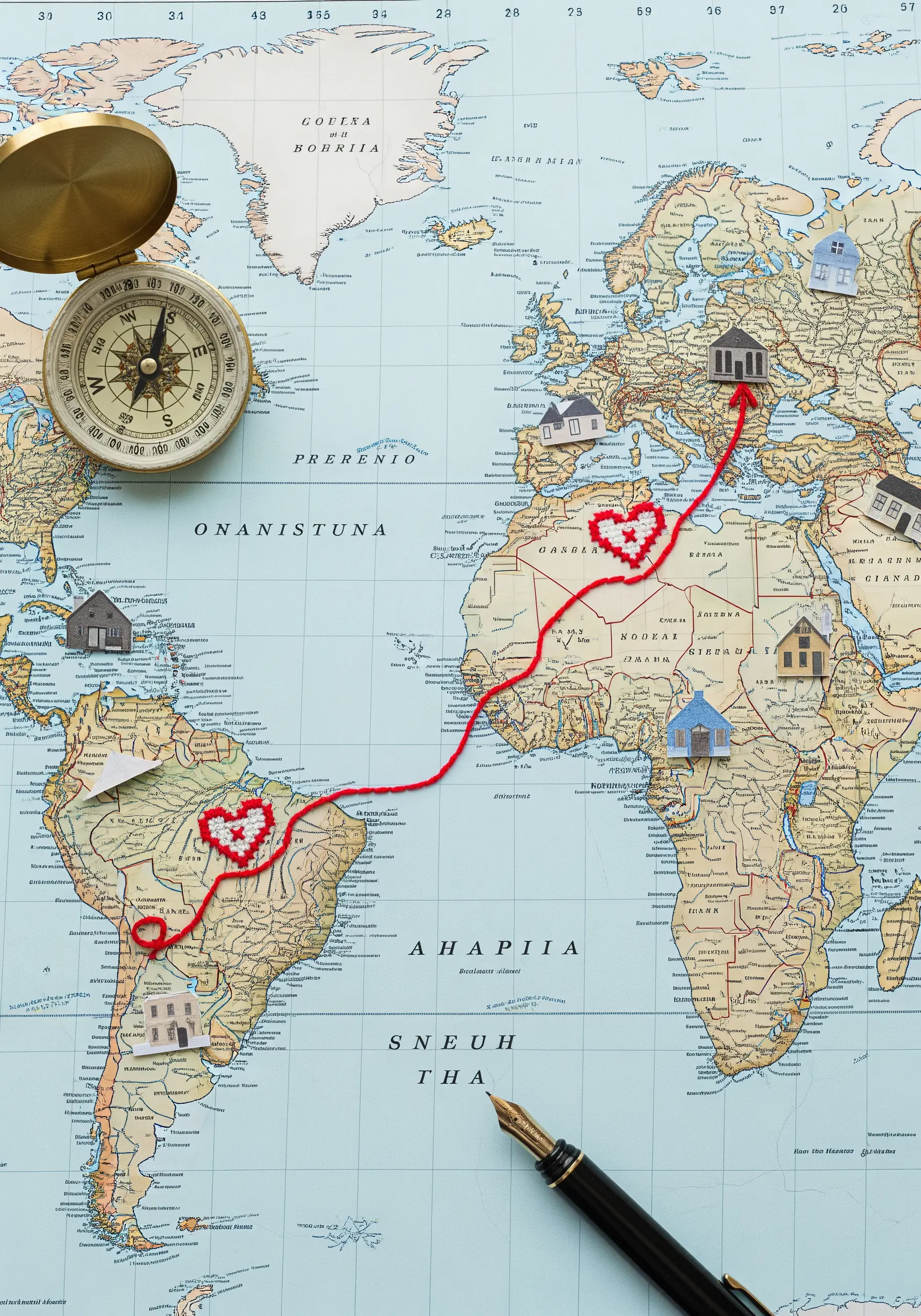 A world map with a red chain-stitched line showing a travel route with embroidered hearts.