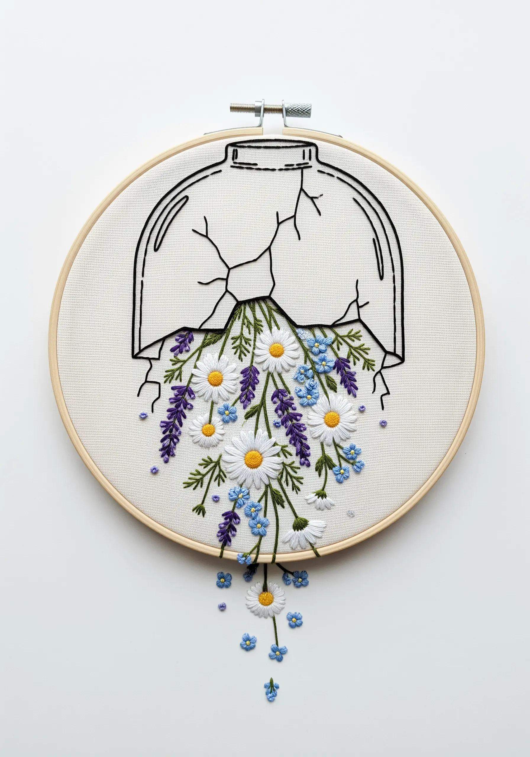 Line art embroidery of a broken jar with colorful flowers spilling out