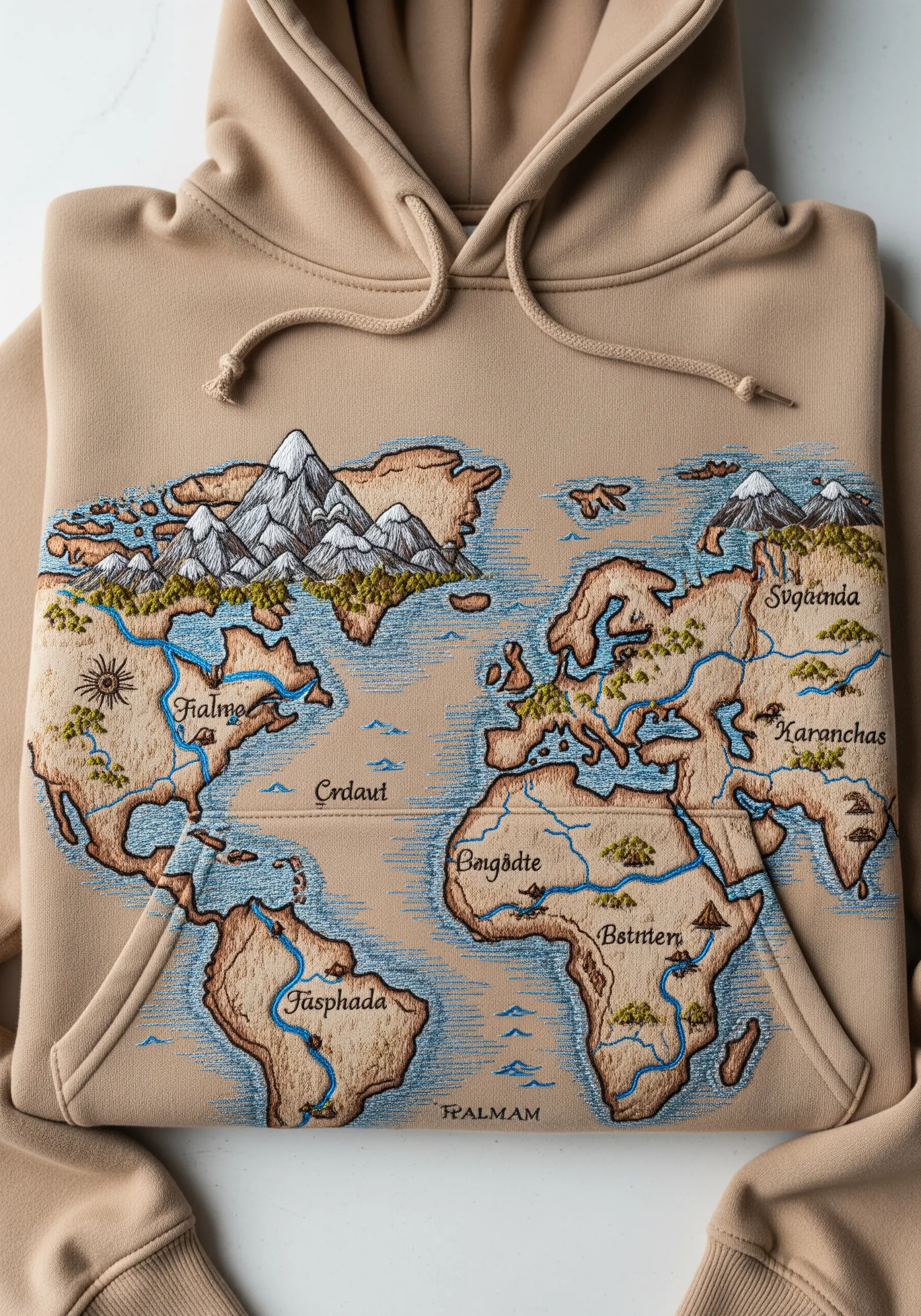 A detailed fantasy world map with mountains and rivers embroidered across a beige hoodie.