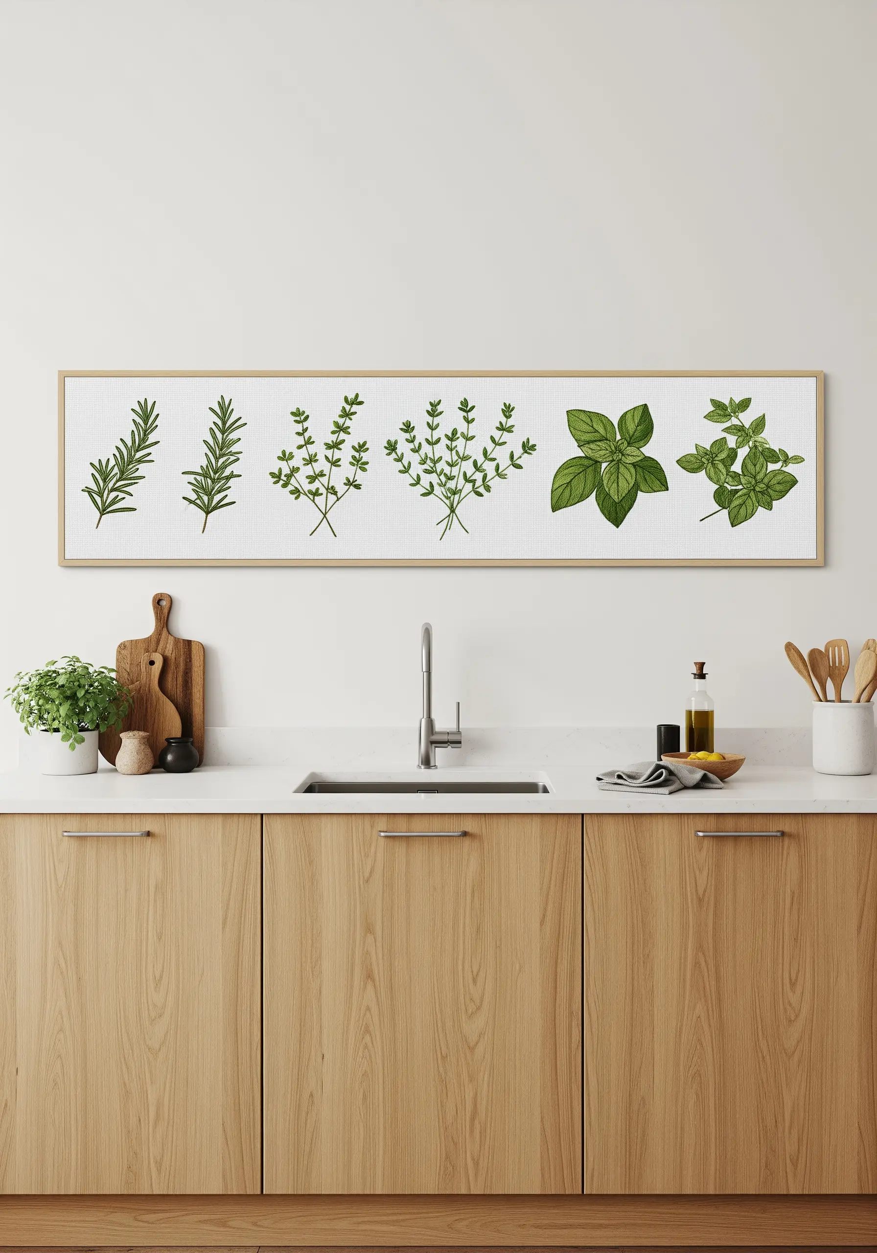 A long, panoramic frame of embroidered herbs like rosemary, thyme, and basil in a kitchen.