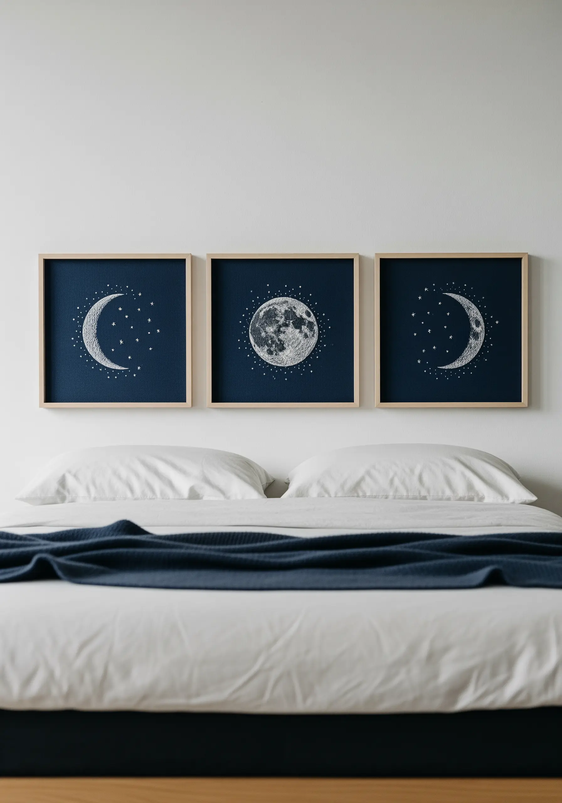 A triptych of framed embroidery showing three phases of the moon above a bed.