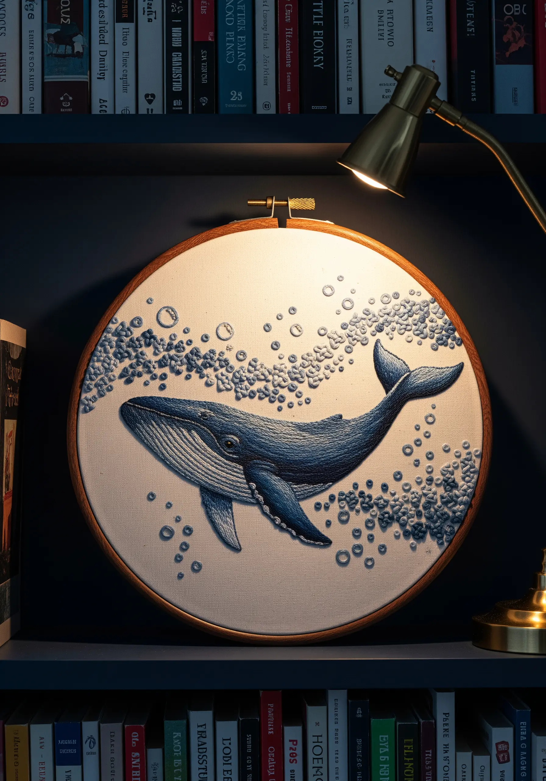 A blue whale surrounded by dynamic water bubbles made from clustered French knots.