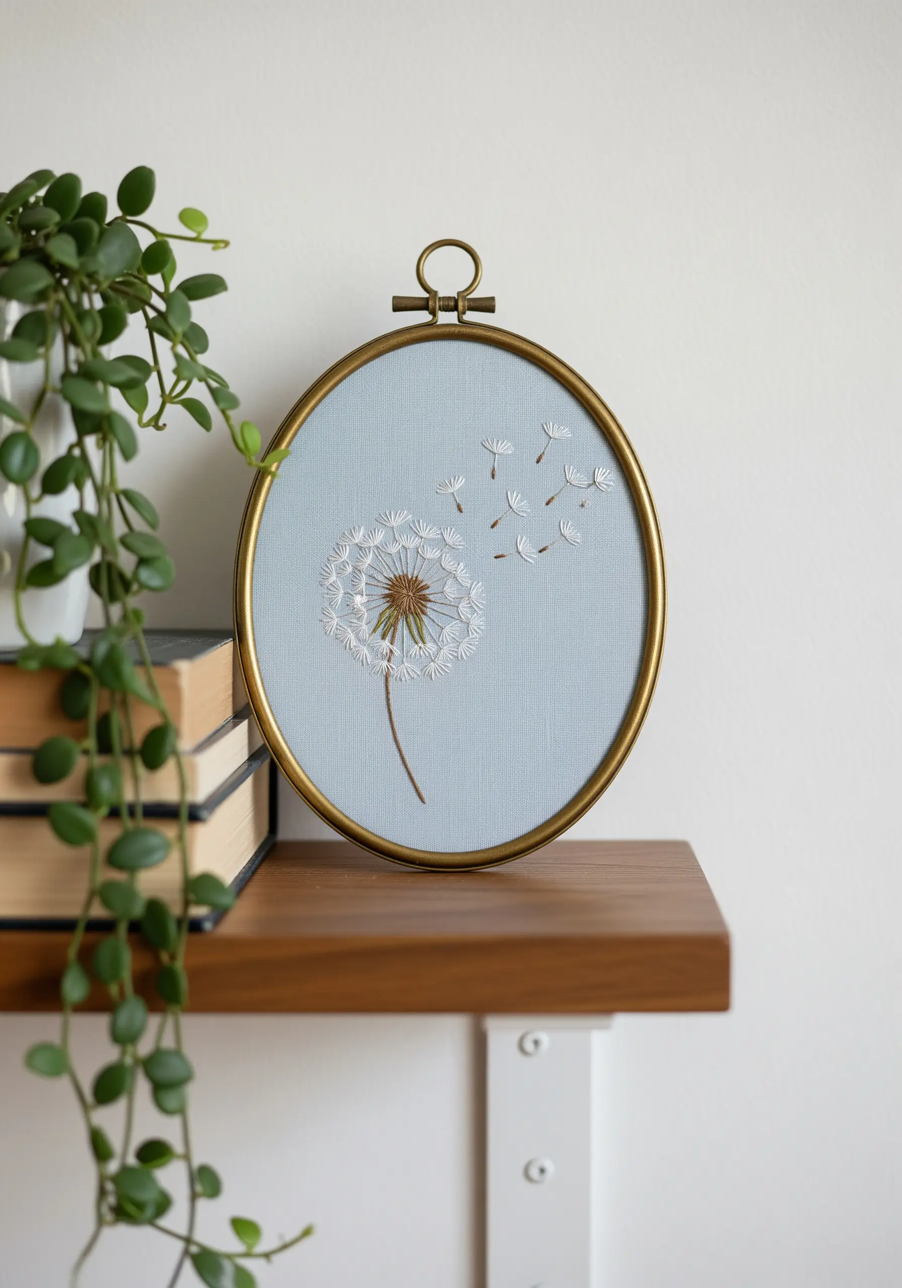 Dandelion embroidery in an oval brass frame with seeds blowing in the wind.