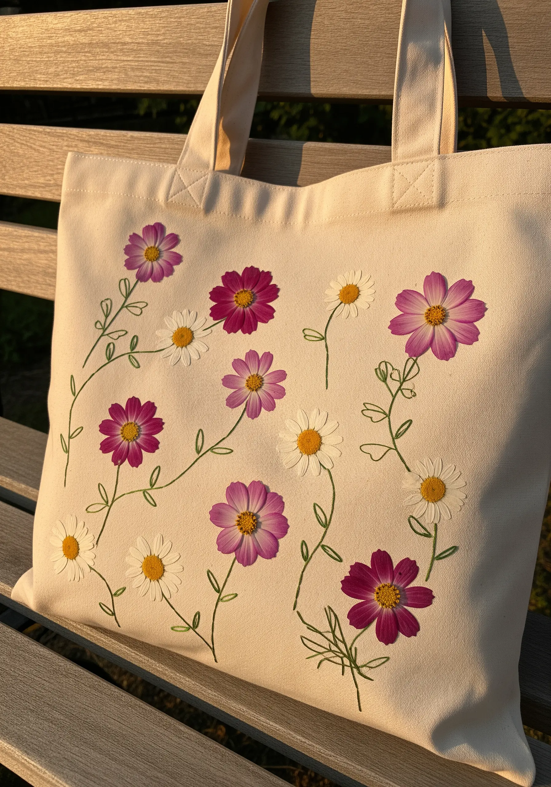 A canvas tote bag featuring pressed pink and white flowers with embroidered green stems.