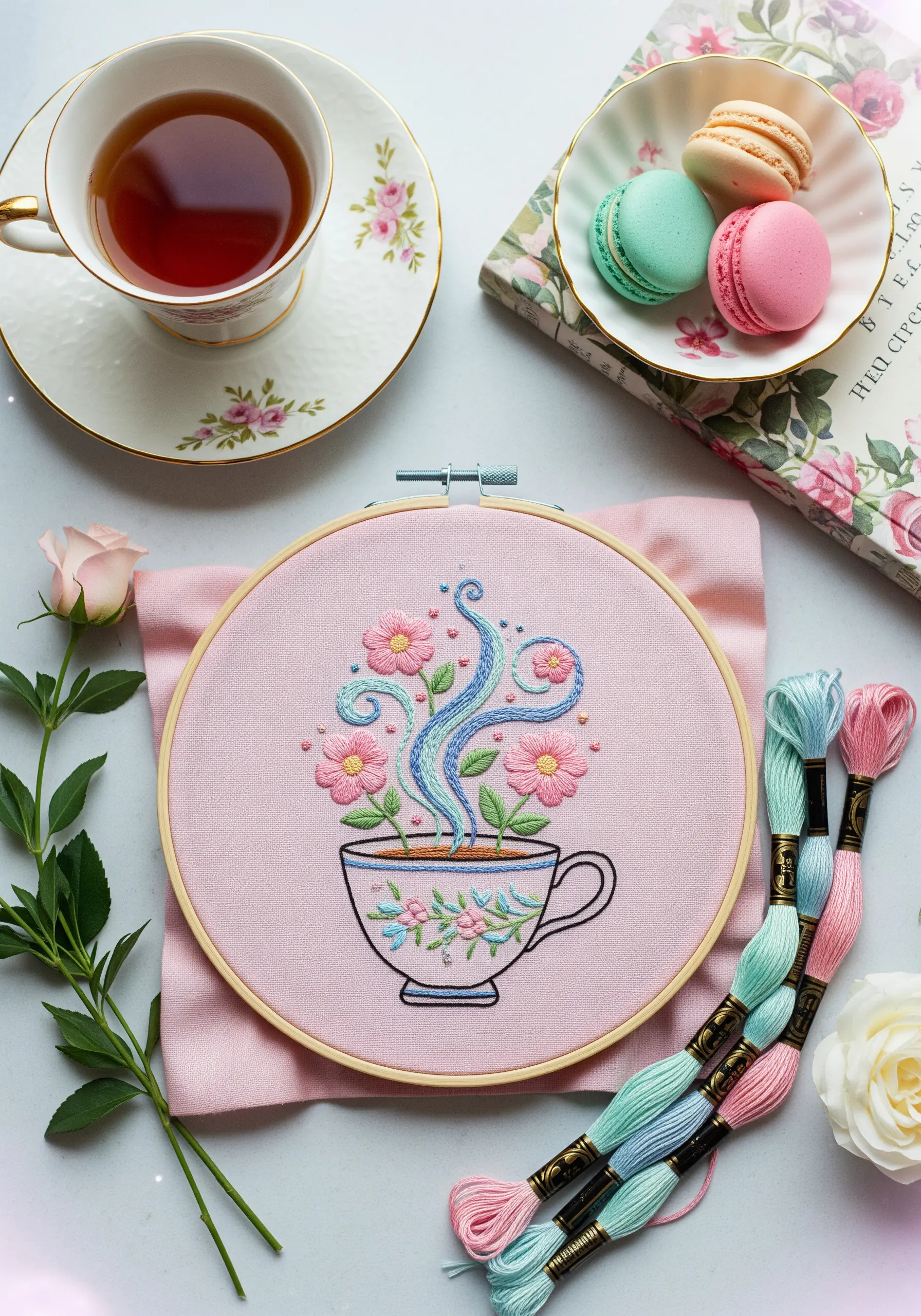 An embroidered teacup on pink fabric with blue and white steam swirling upwards.