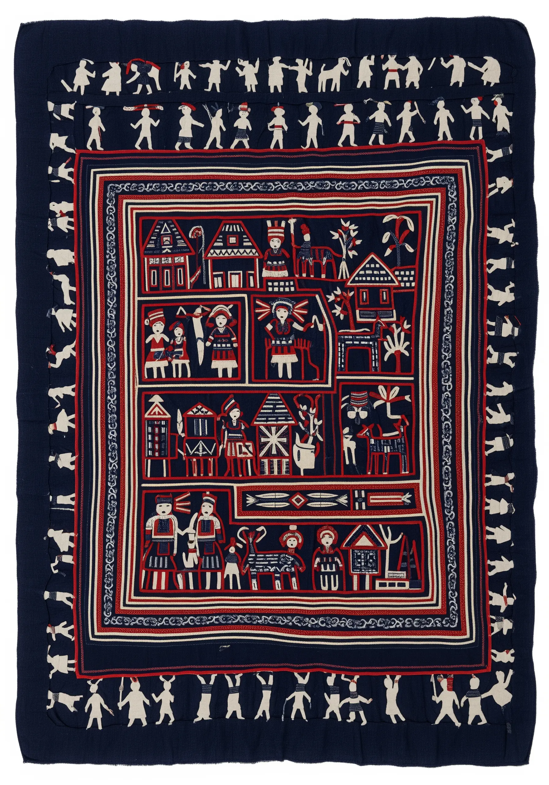 A Hmong story cloth with embroidered figures and houses depicting village life.