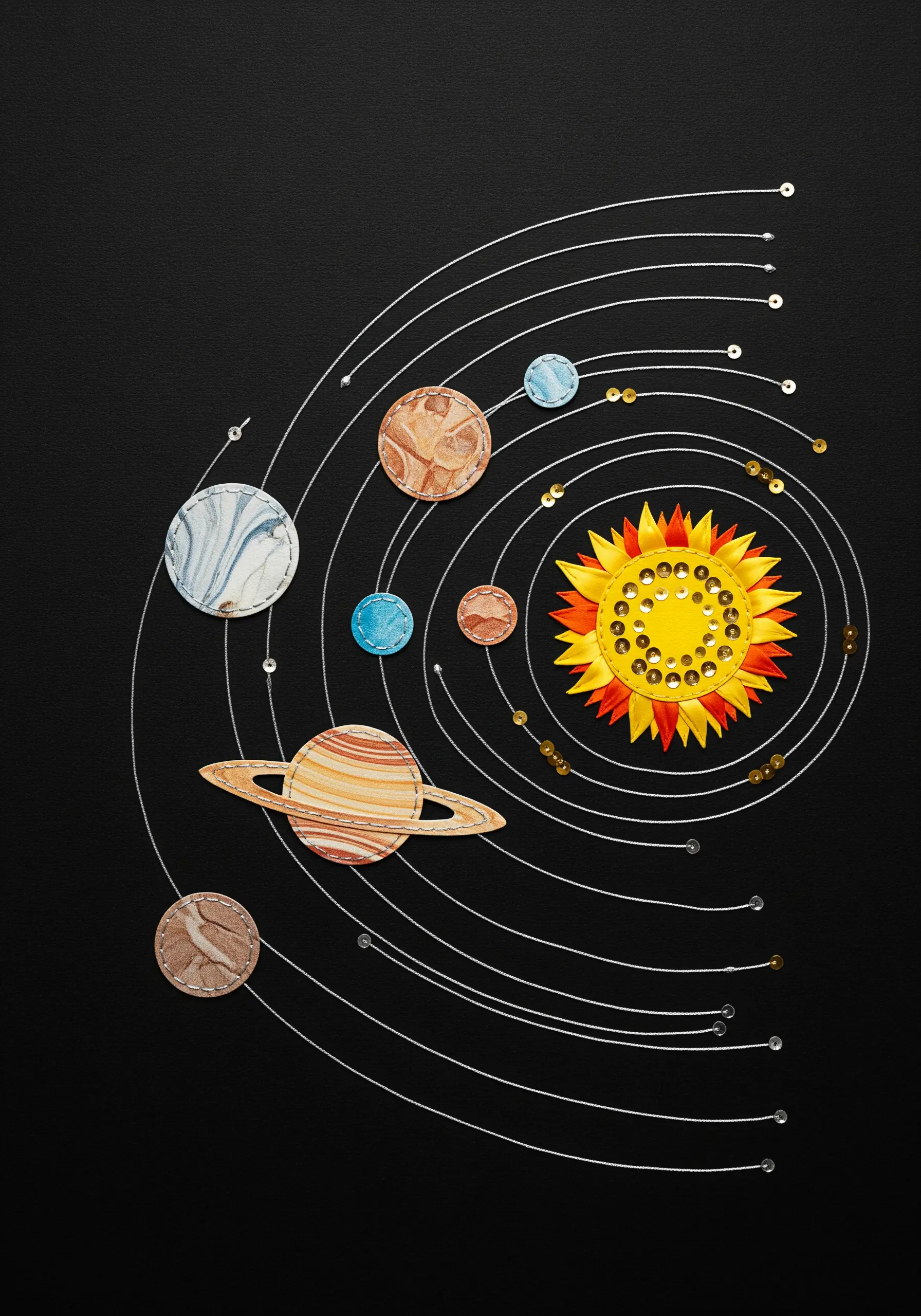 A solar system collage on black paper with stitched orbits, paper planets, and sequin stars.