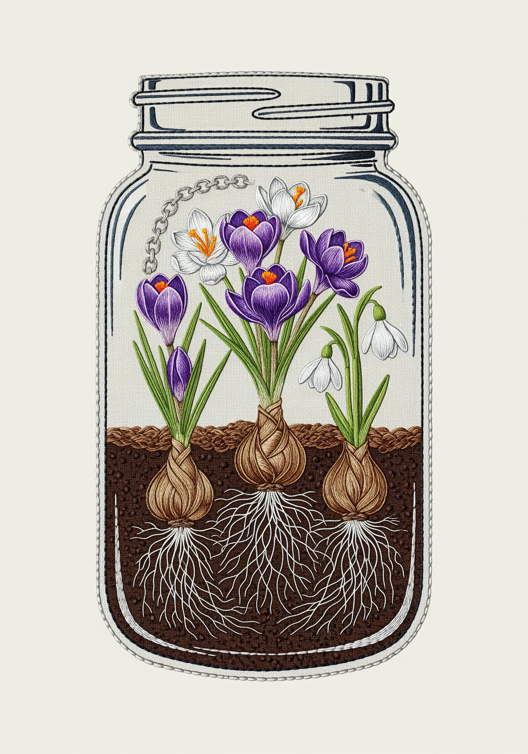 Embroidery of spring crocus bulbs with visible roots inside a mason jar