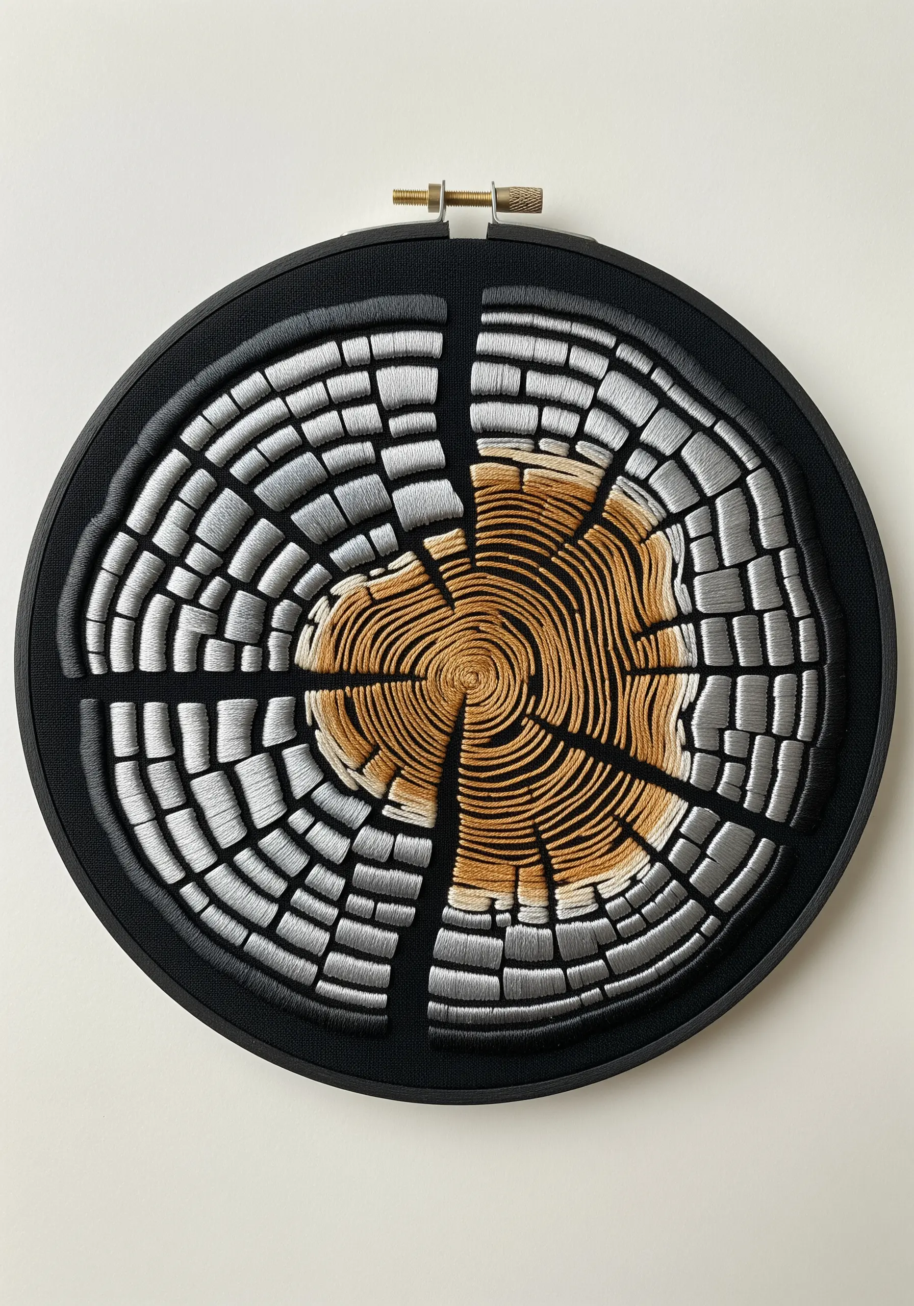 Abstract embroidered tree ring with silver outer rings and a golden center on black fabric.