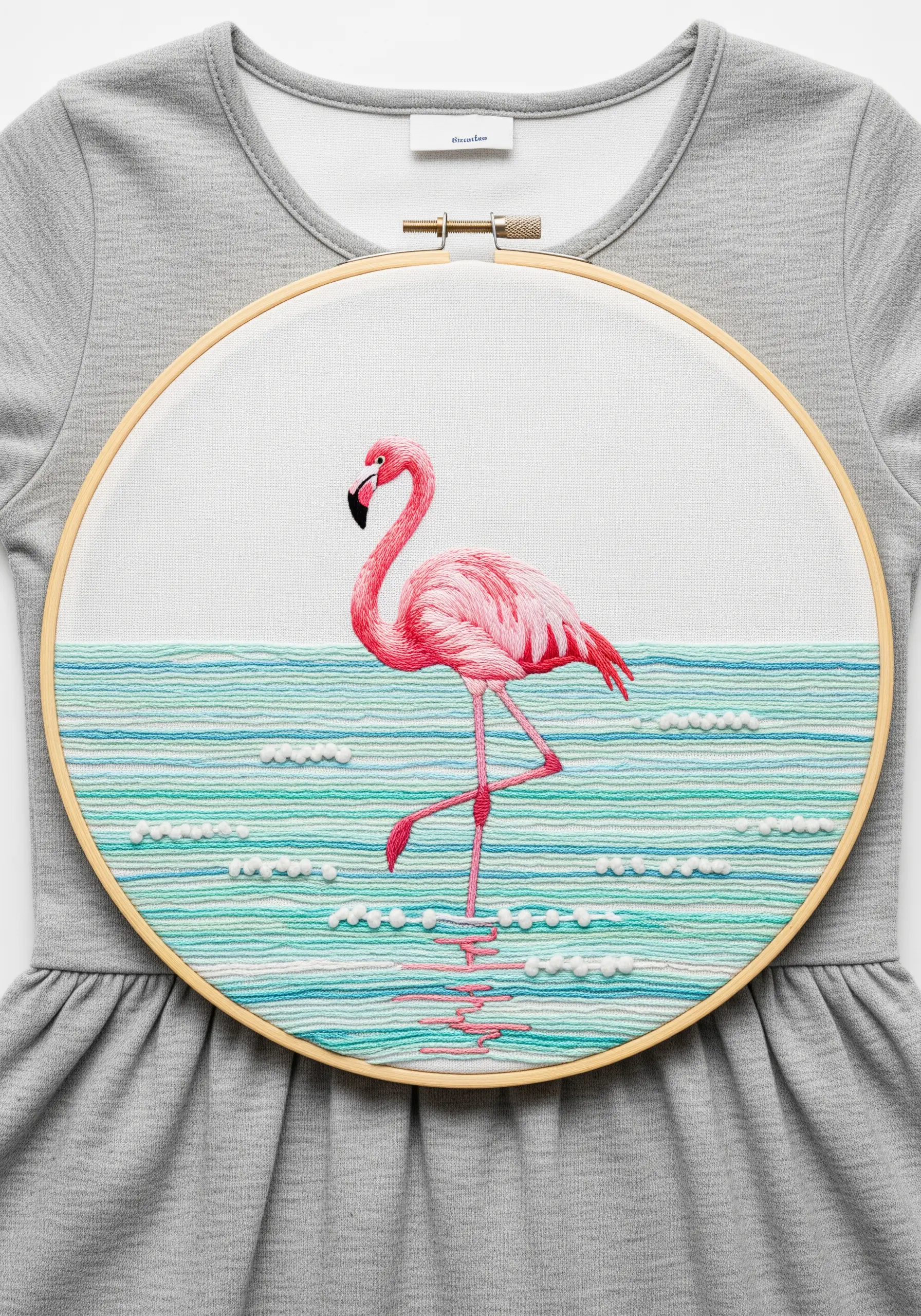 Embroidered flamingo standing in water made of horizontal stitches and white French knots.
