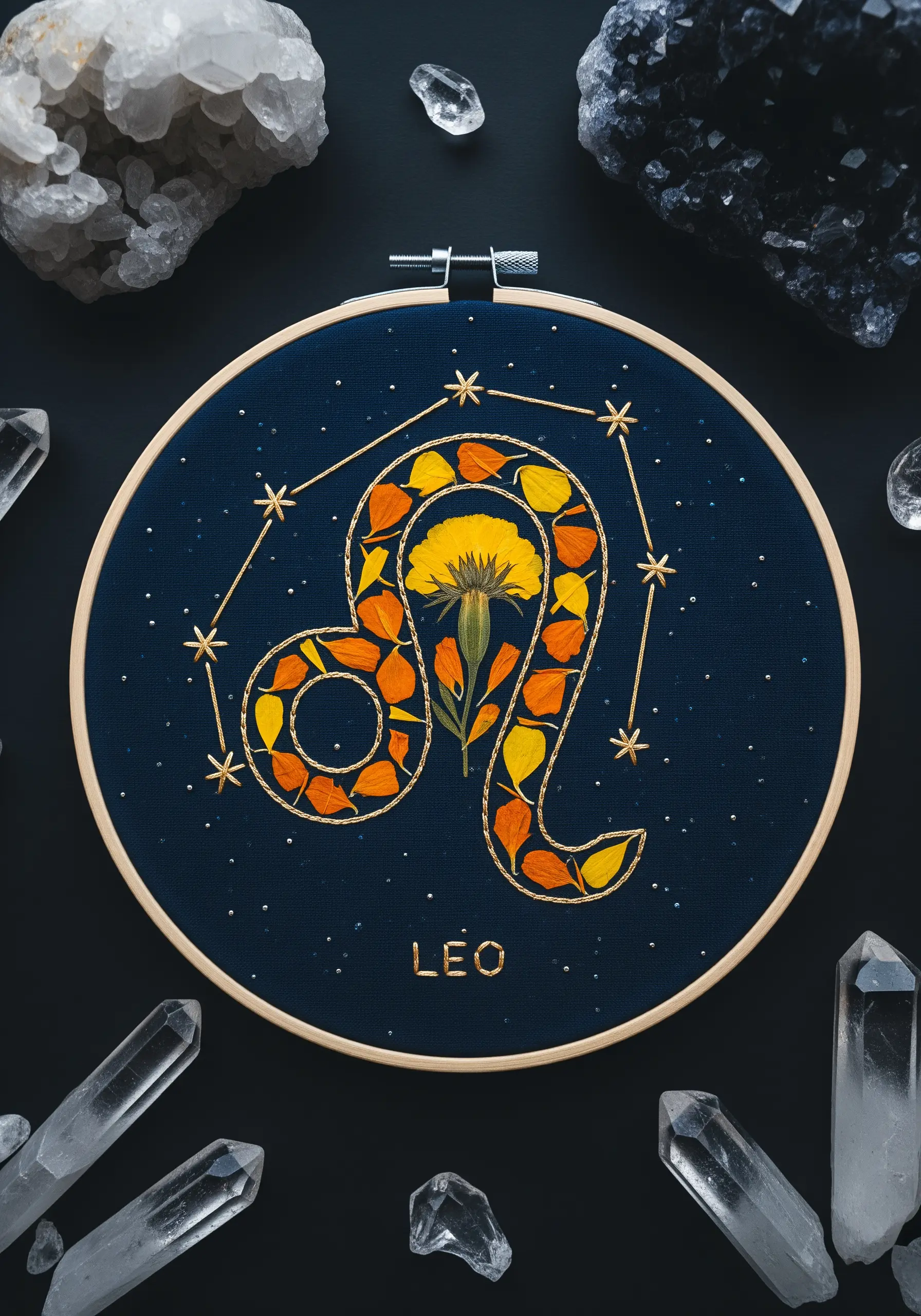 The Leo zodiac symbol outlined in gold thread and filled with a mosaic of orange flower petals.
