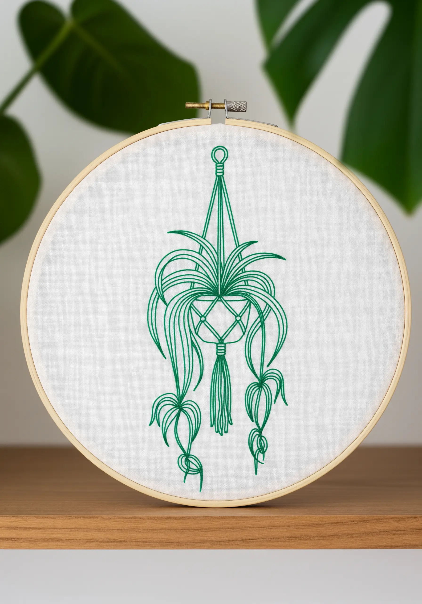 A line art embroidery of a hanging spider plant in a macrame holder, stitched in green.