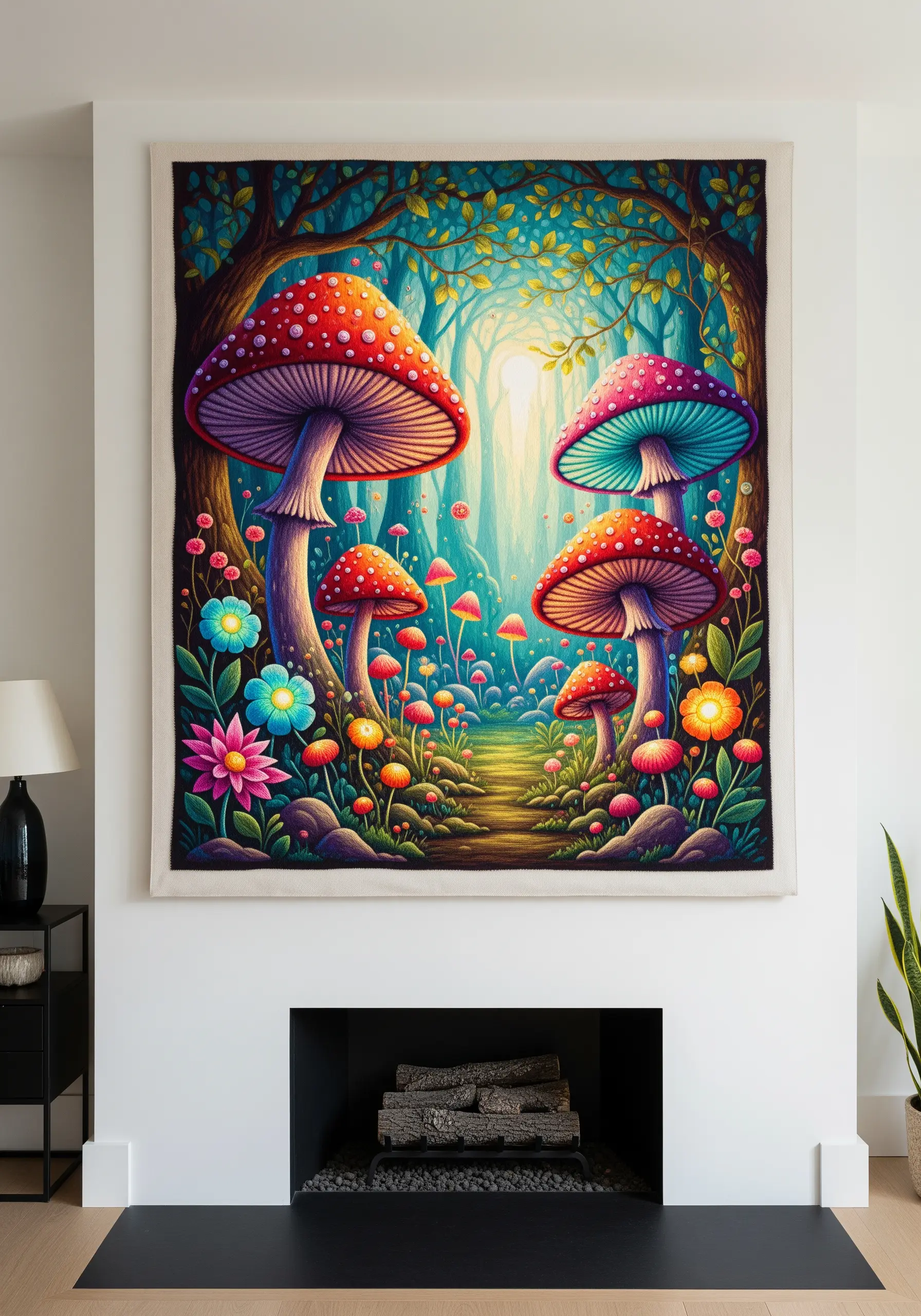 A large, colorful embroidery tapestry of a fantasy mushroom forest hanging over a fireplace.