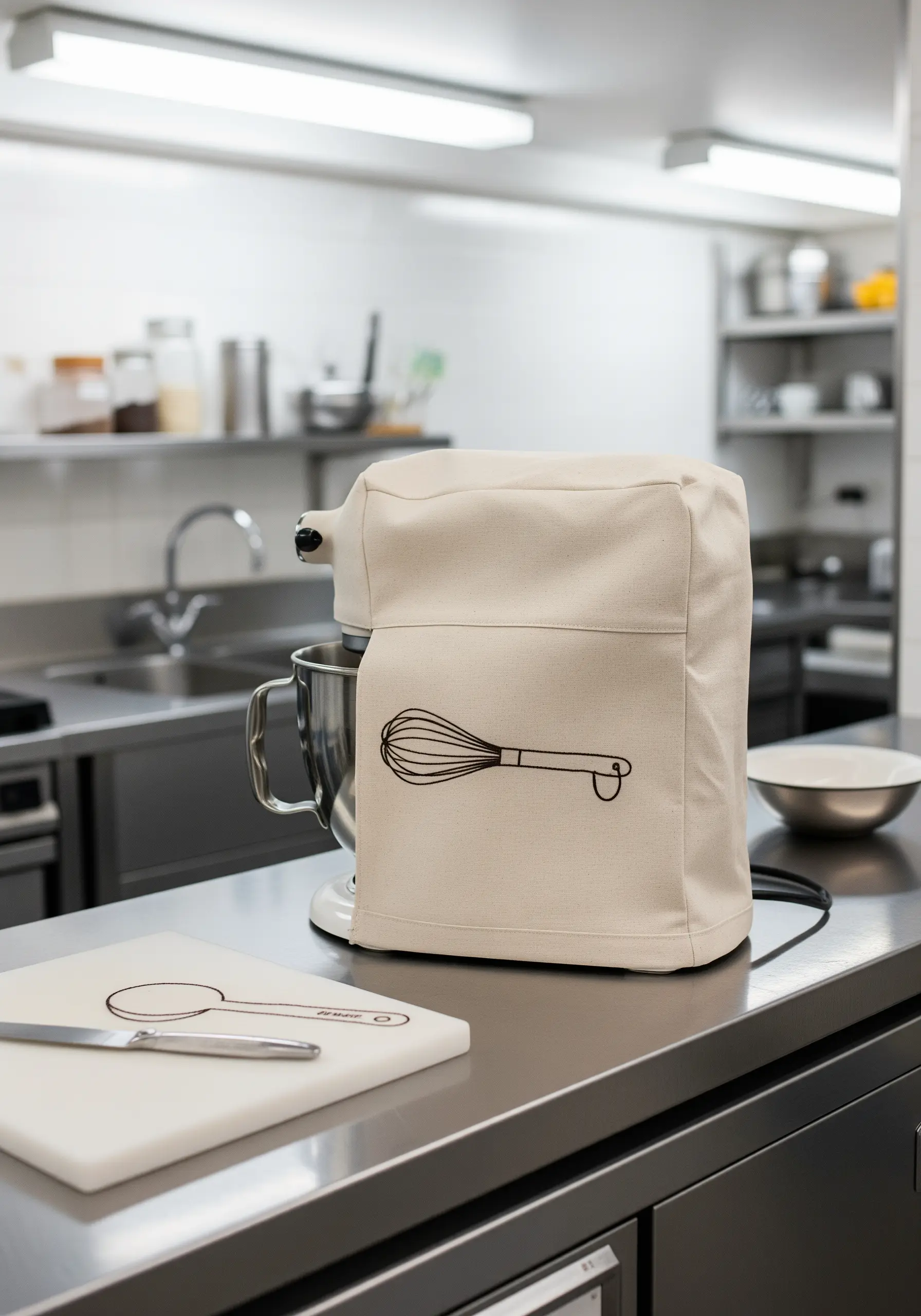 A simple black line embroidery of a kitchen whisk on a canvas appliance cover.