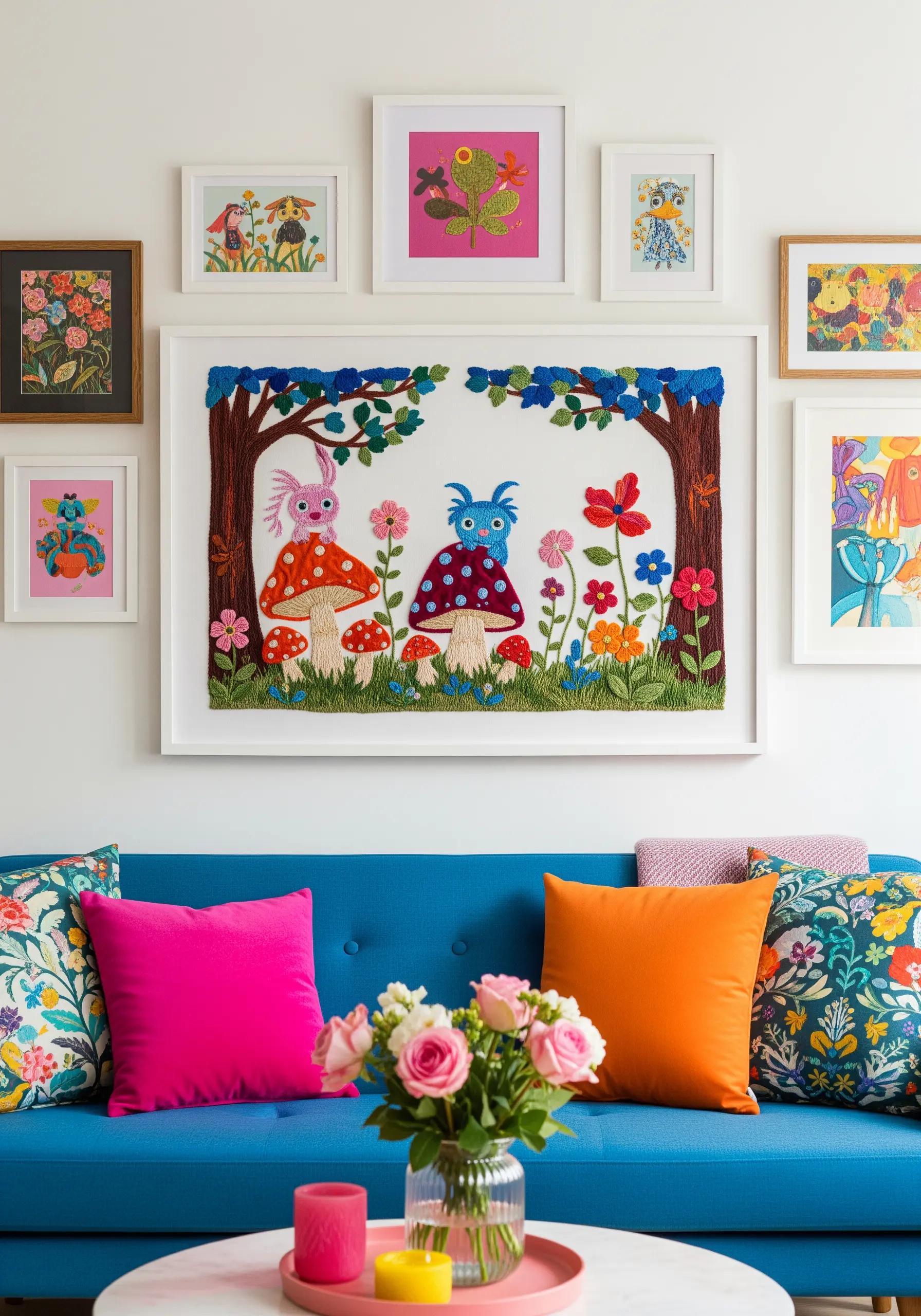 A colorful, whimsical embroidery of cartoon owls on mushrooms.
