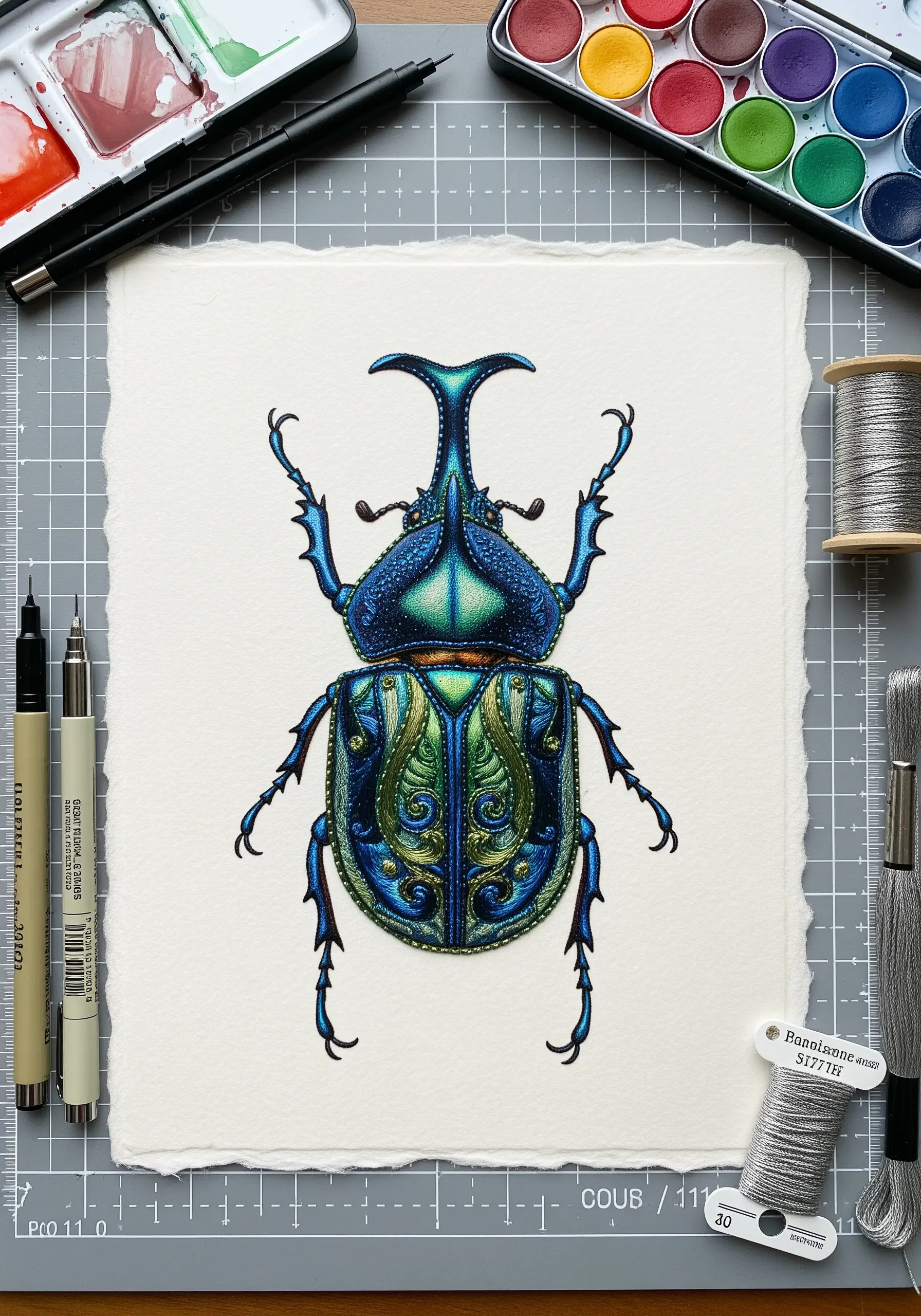 Intricate ink drawing of a beetle on paper, highlighted with metallic embroidery thread.