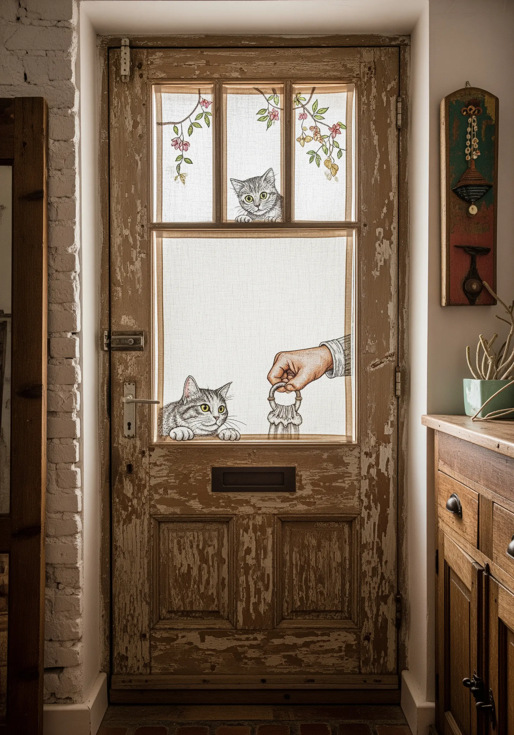 Sheer embroidered curtains on a rustic door, featuring stitched cats, a hand, and floral motifs.